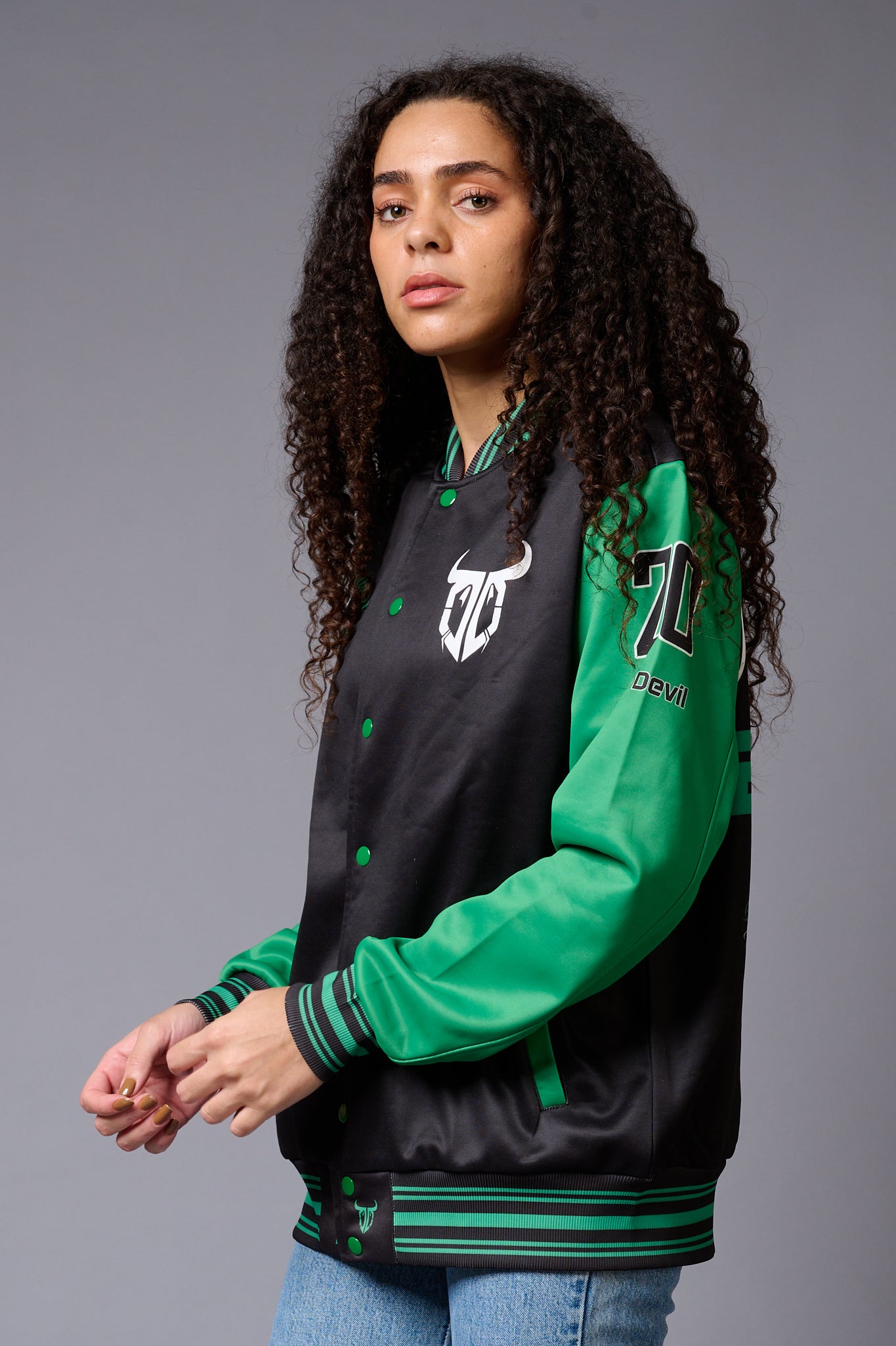 666 Imagination Black & Green Varsity Jacket for Women - Go Devil