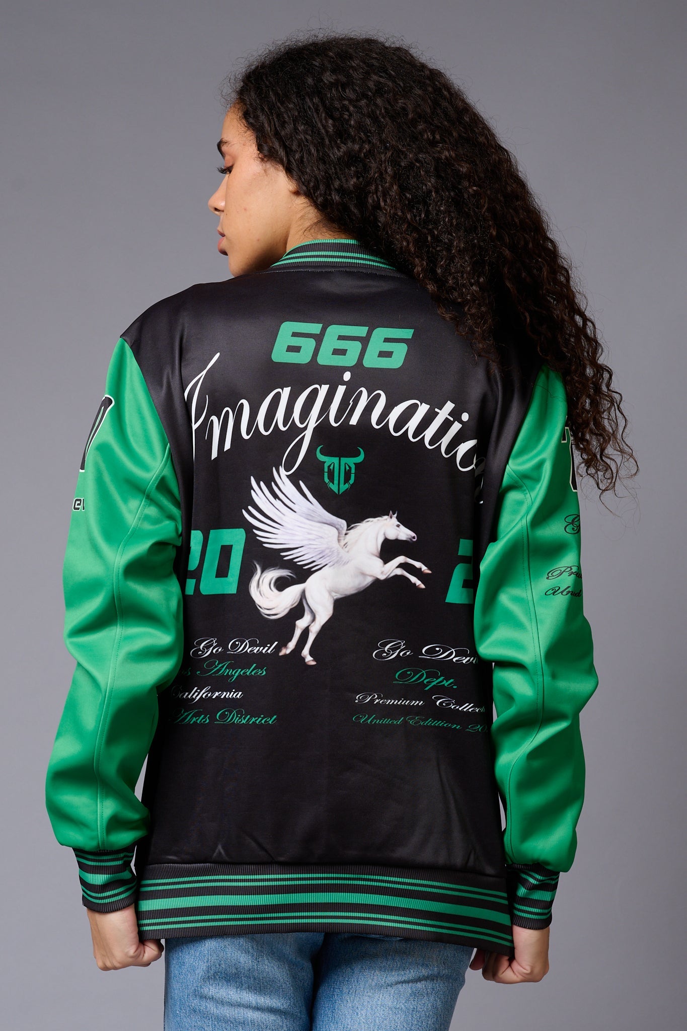 666 Imagination Black & Green Varsity Jacket for Women - Go Devil