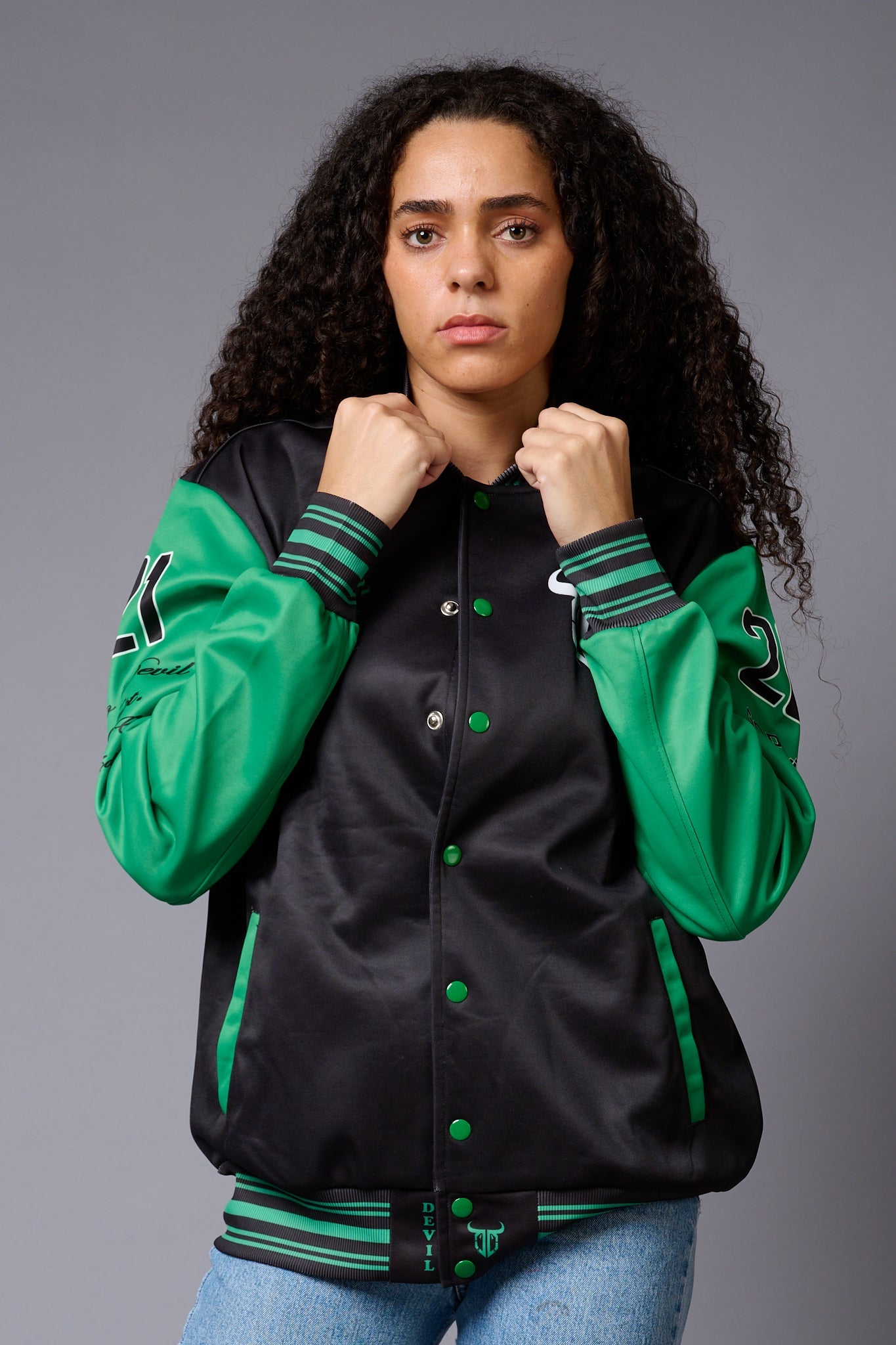 666 Imagination Black & Green Varsity Jacket for Women - Go Devil