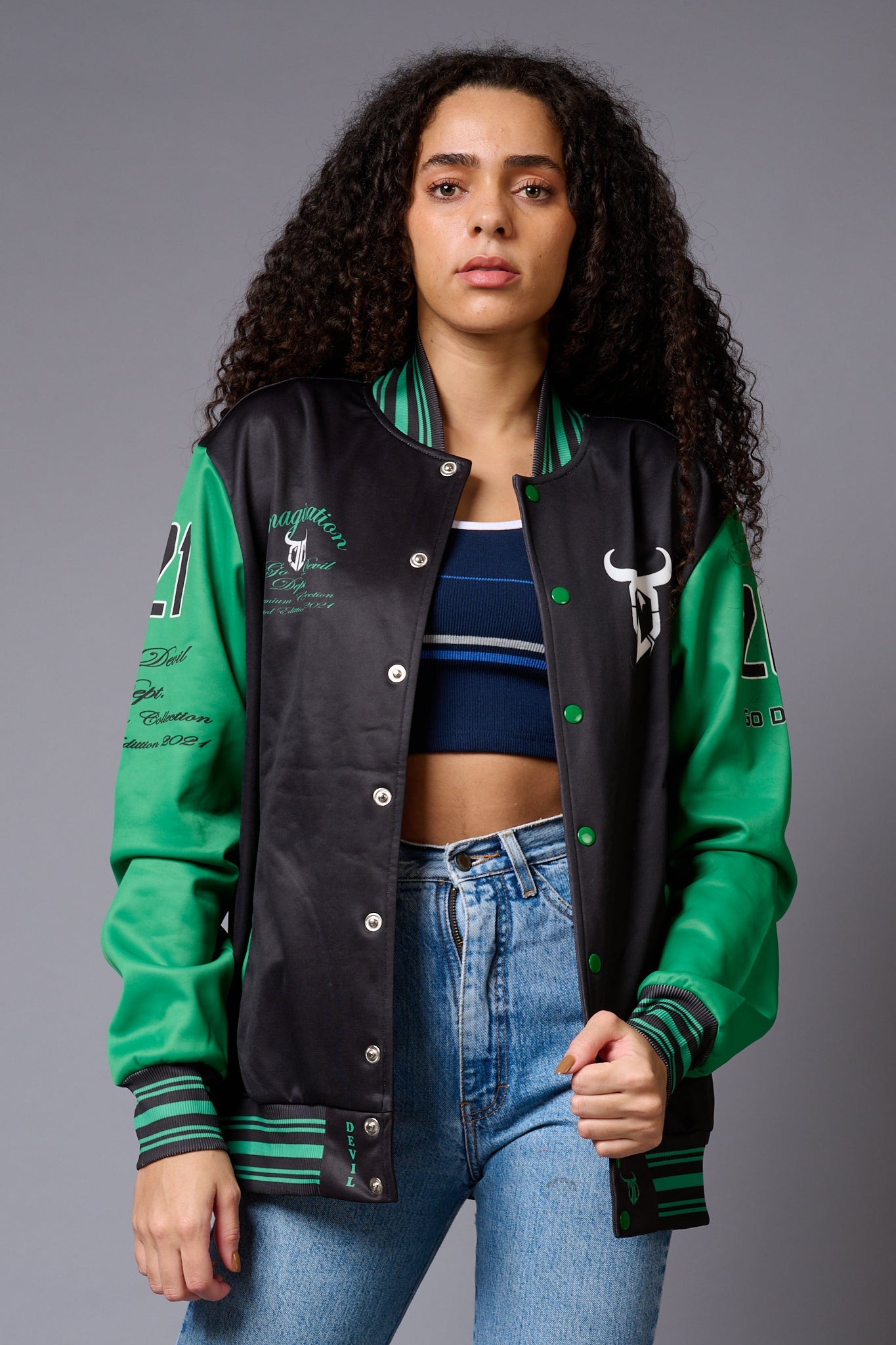 666 Imagination Black & Green Varsity Jacket for Women - Go Devil