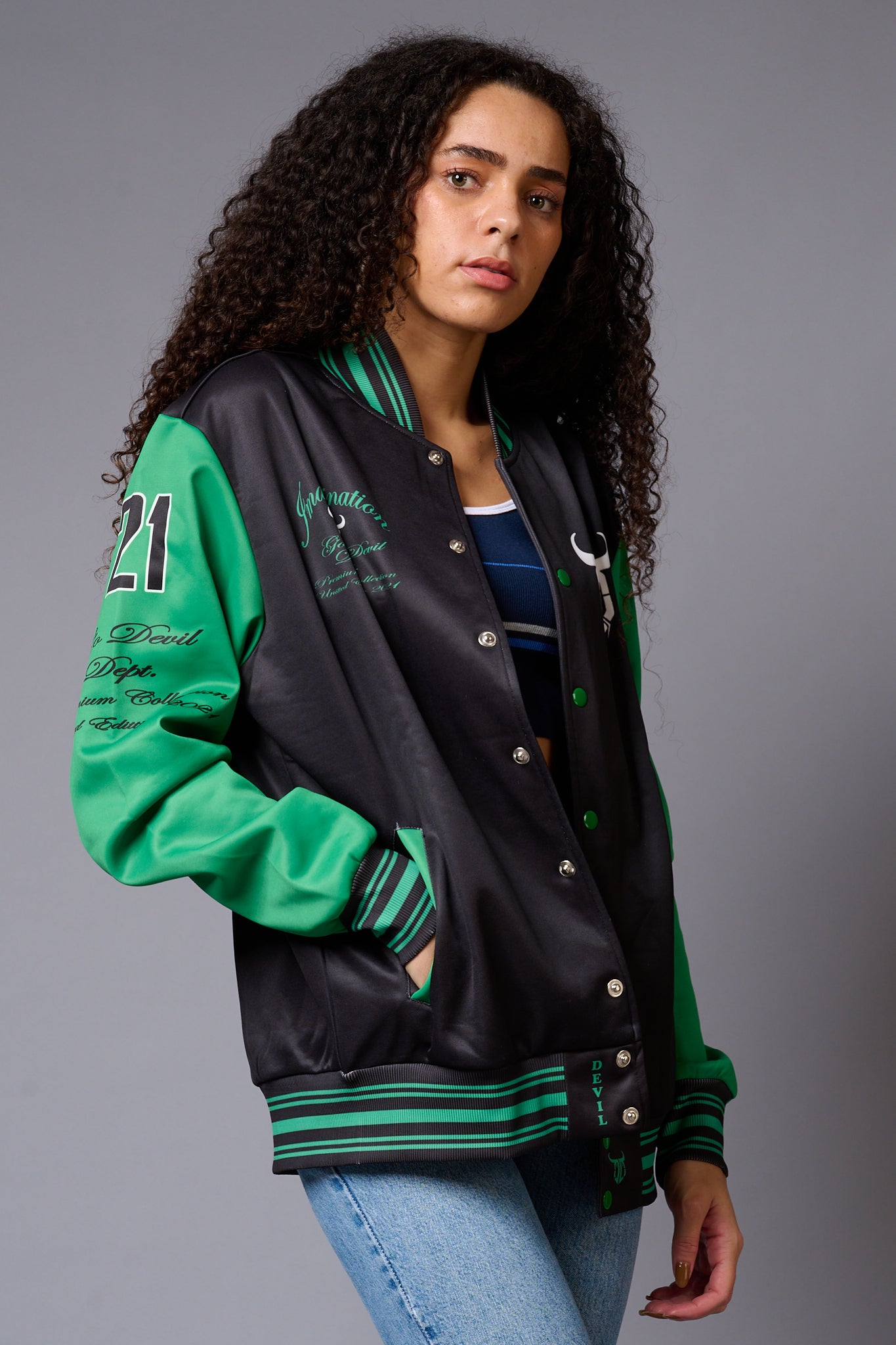 666 Imagination Black & Green Varsity Jacket for Women - Go Devil