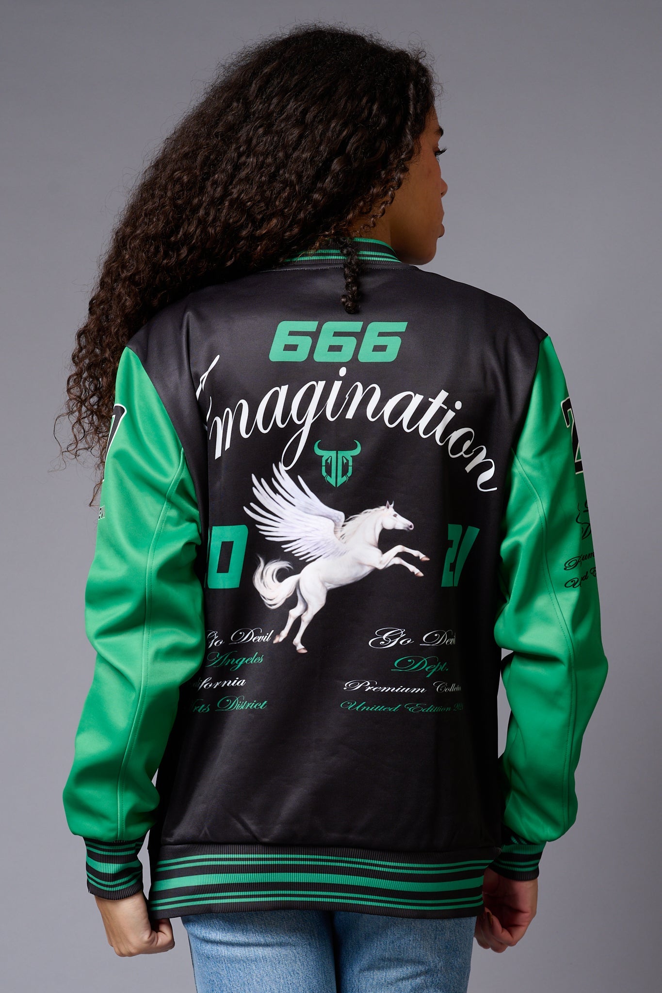 666 Imagination Black & Green Varsity Jacket for Women - Go Devil