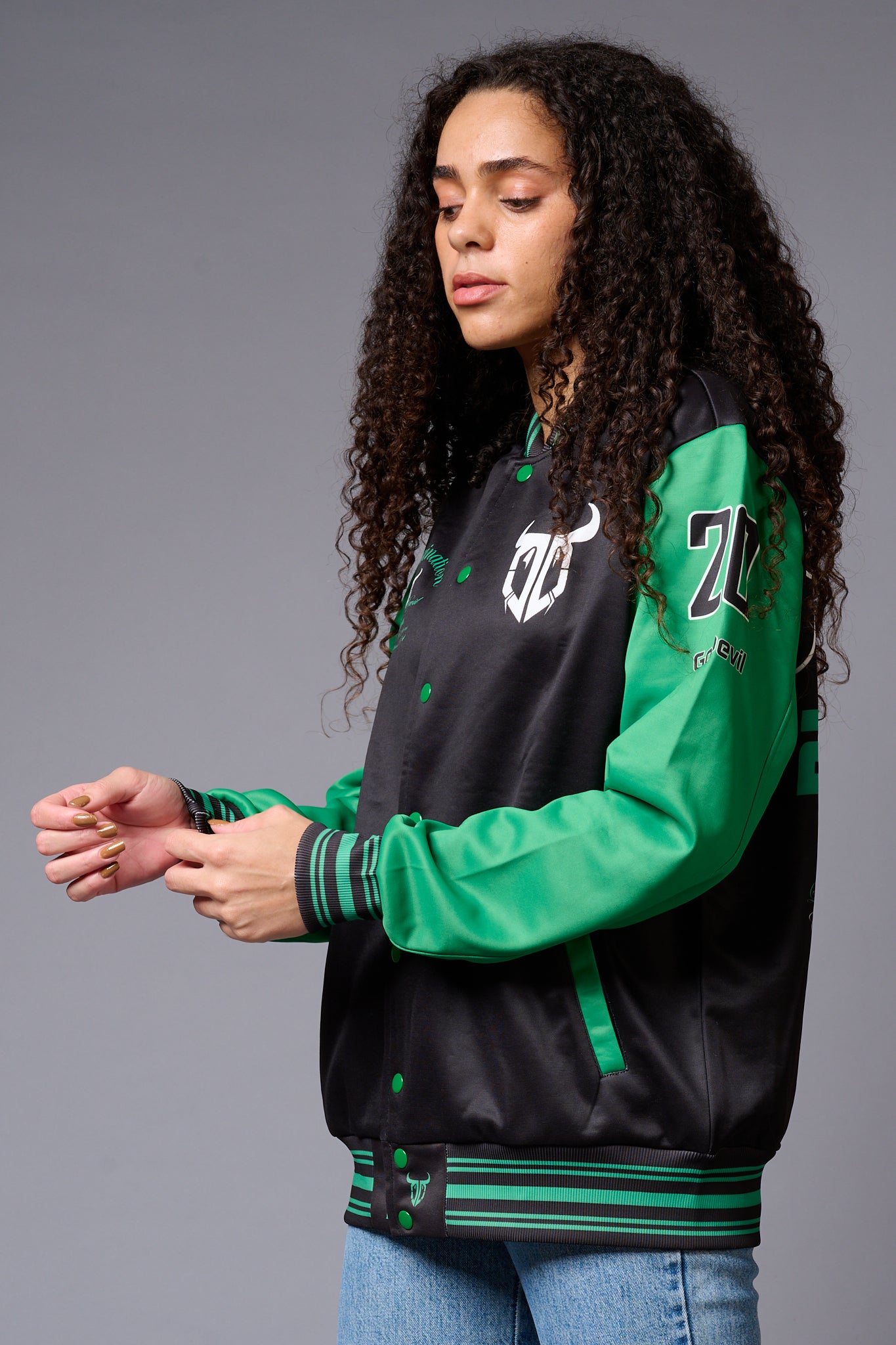 666 Imagination Black & Green Varsity Jacket for Women - Go Devil