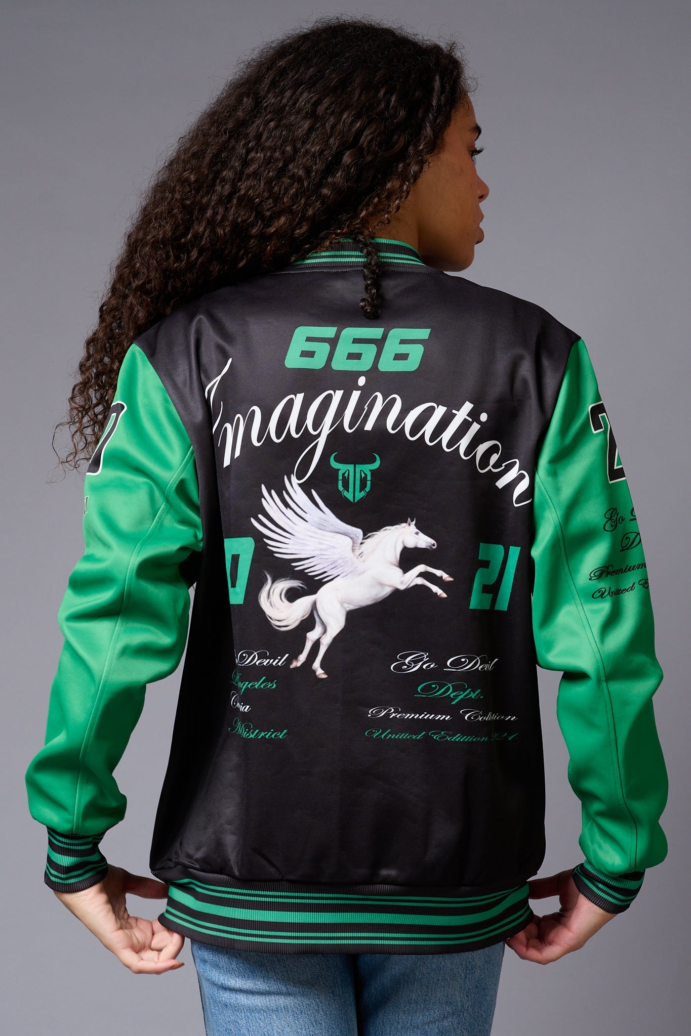 666 Imagination Black & Green Varsity Jacket for Women - Go Devil