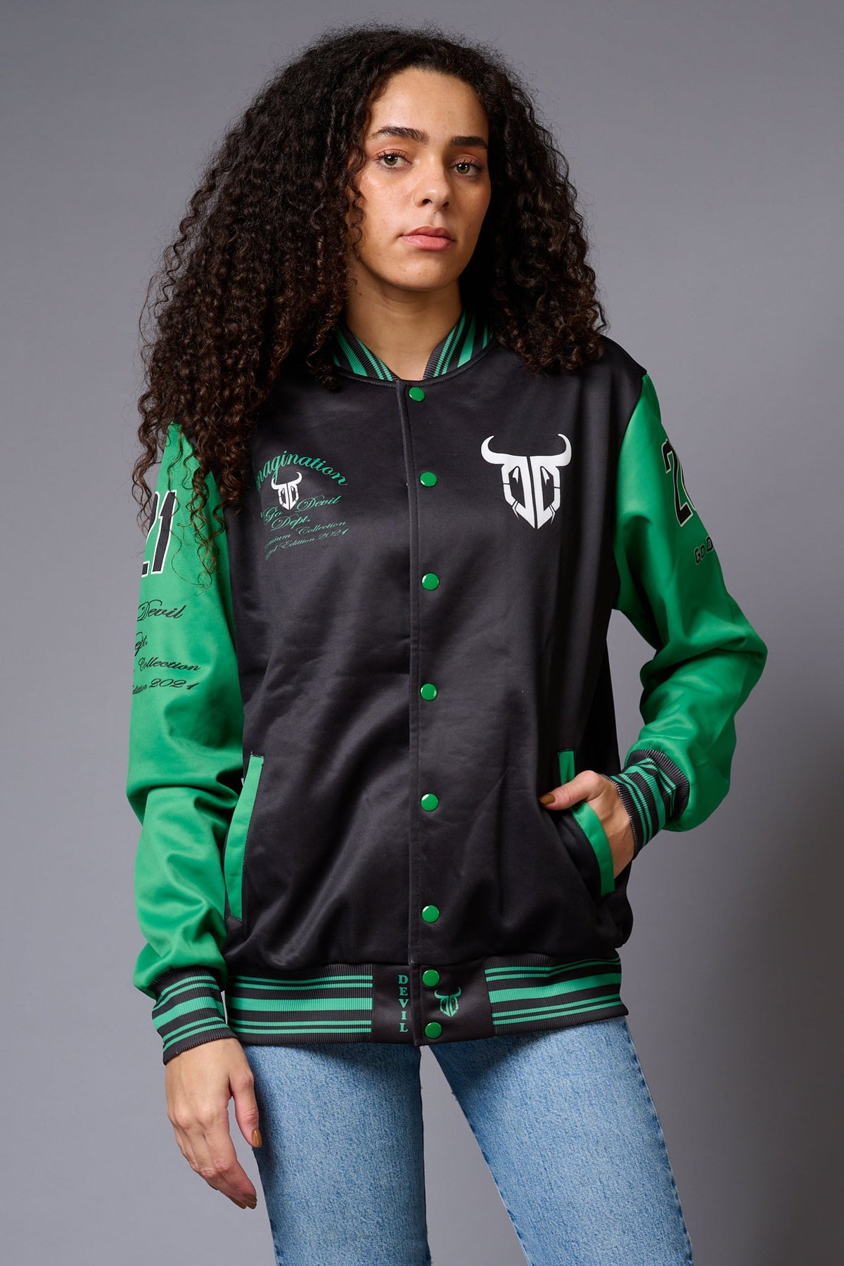 666 Imagination Black & Green Varsity Jacket for Women - Go Devil