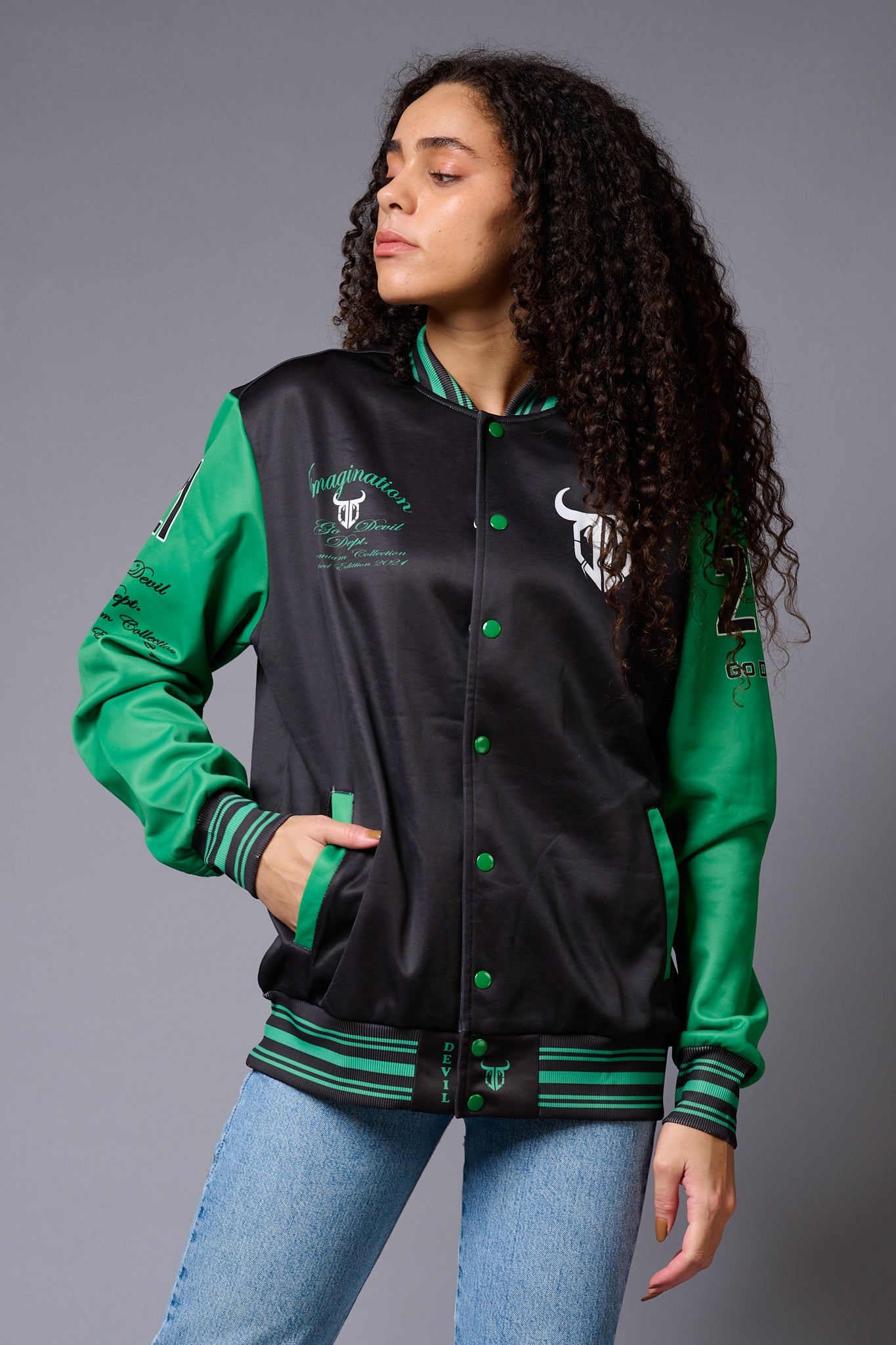 666 Imagination Black & Green Varsity Jacket for Women - Go Devil