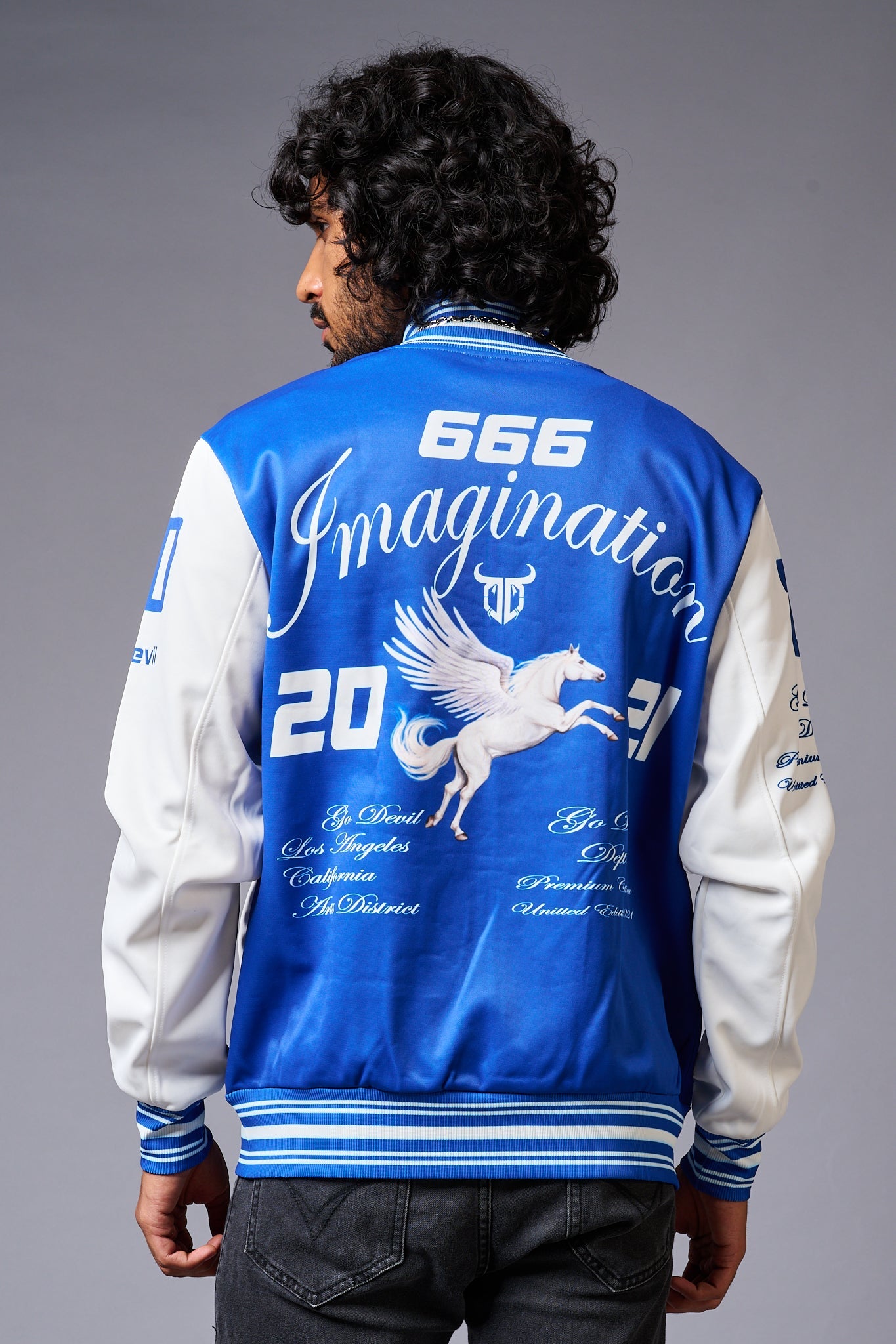 666 Imagination Blue & White Varsity Jacket for Men - Go Devil