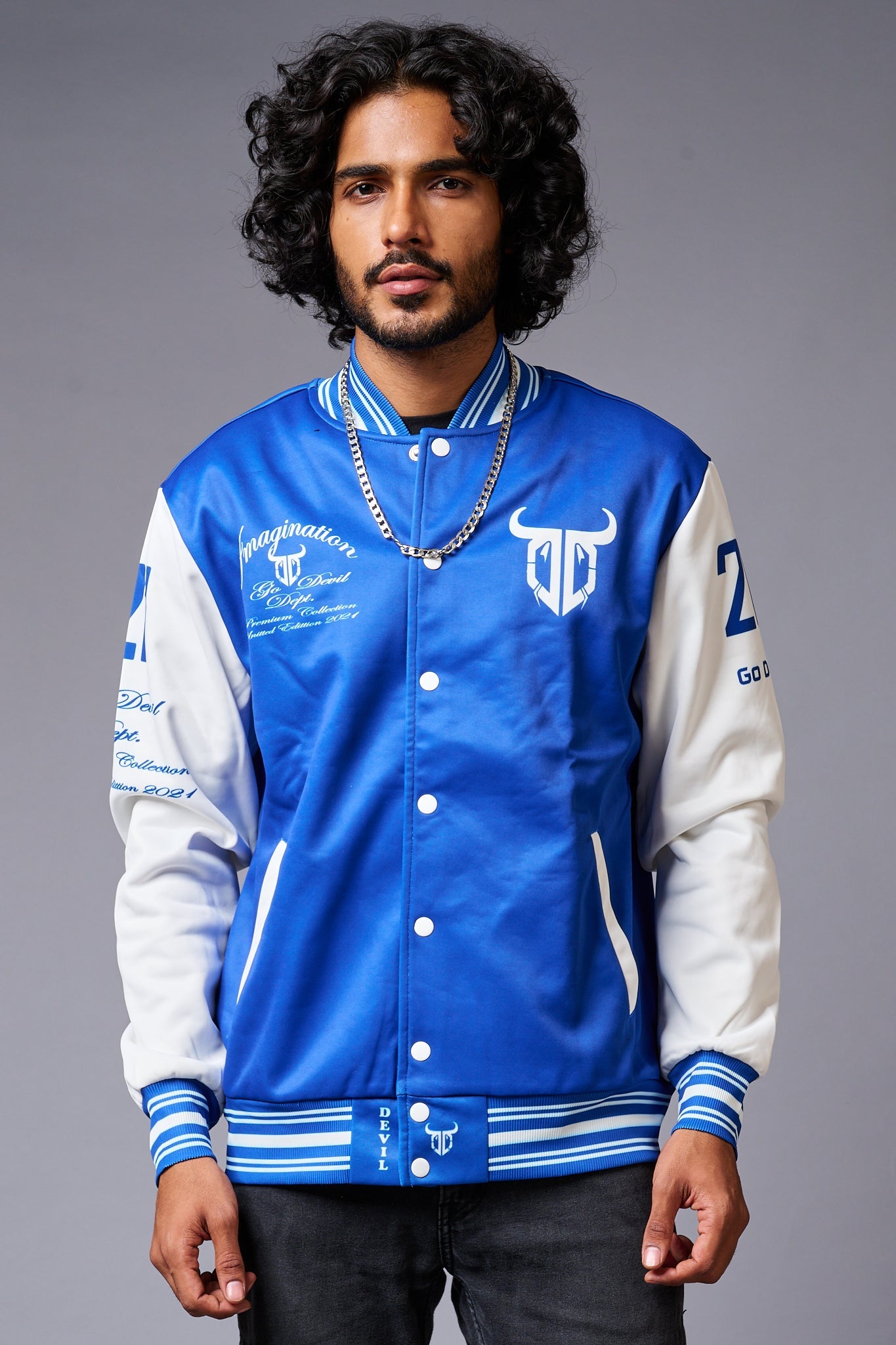 666 Imagination Blue & White Varsity Jacket for Men - Go Devil