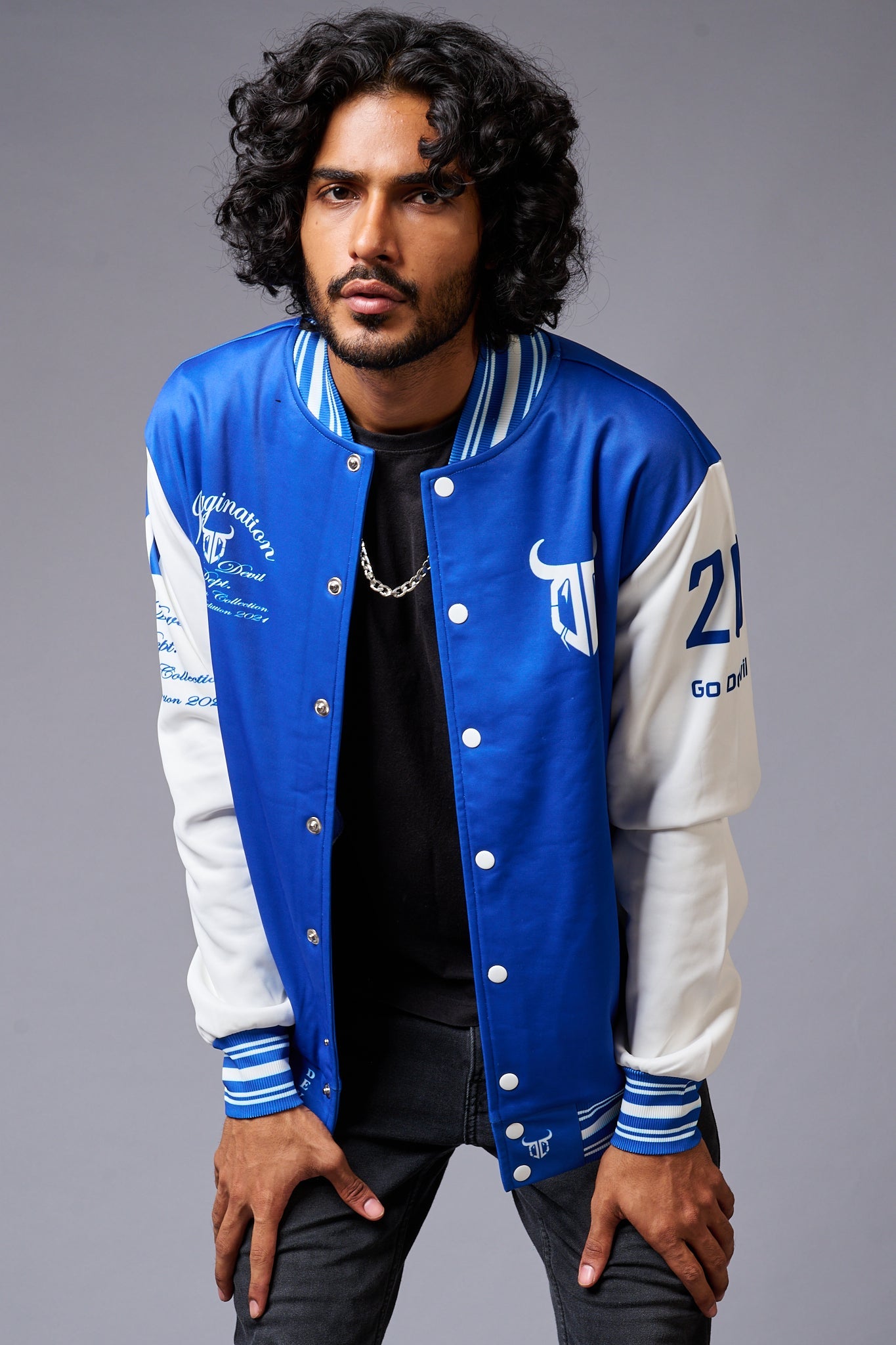 666 Imagination Blue & White Varsity Jacket for Men - Go Devil