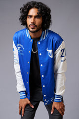 666 Imagination Blue & White Varsity Jacket for Men - Go Devil