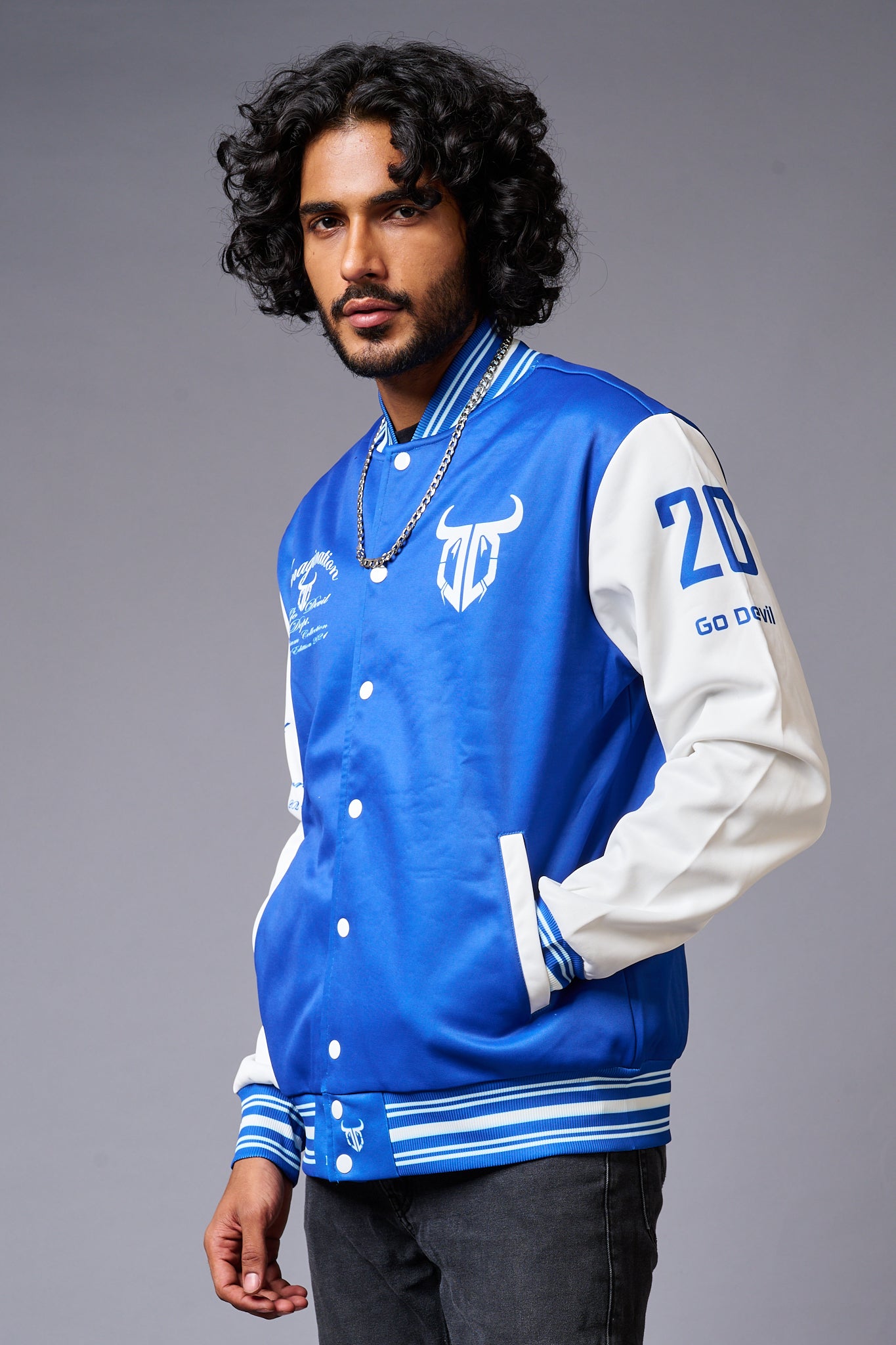 666 Imagination Blue & White Varsity Jacket for Men - Go Devil