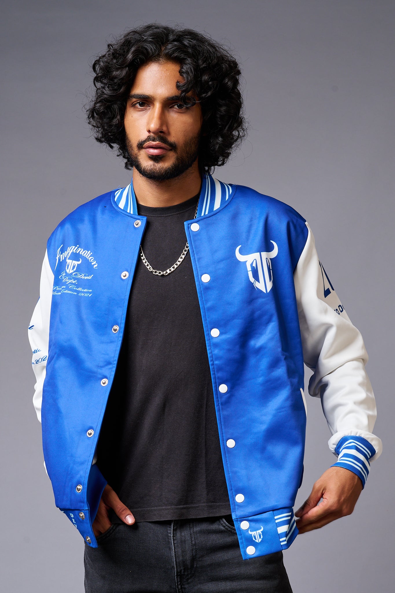 666 Imagination Blue & White Varsity Jacket for Men - Go Devil