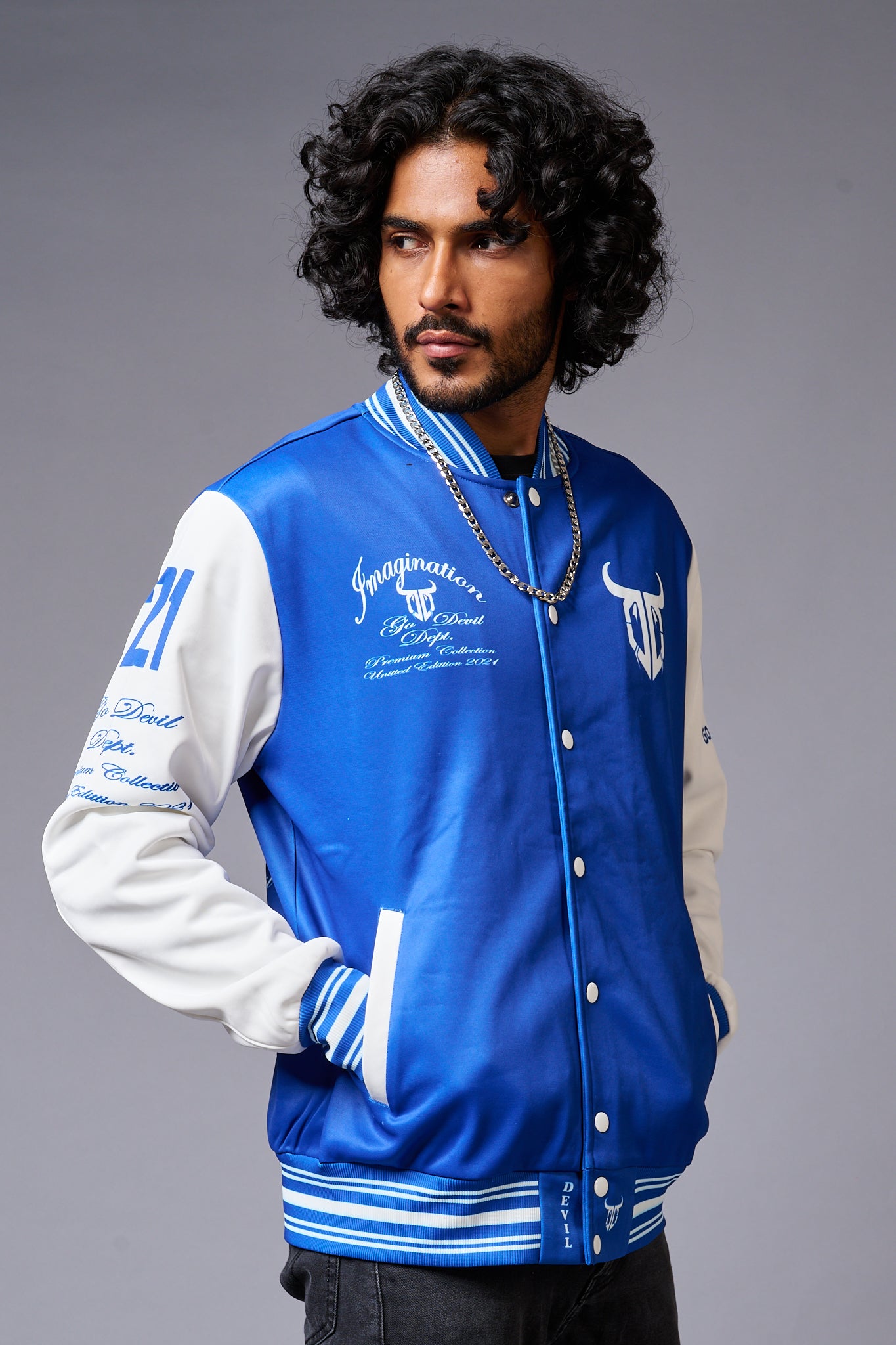 666 Imagination Blue & White Varsity Jacket for Men - Go Devil