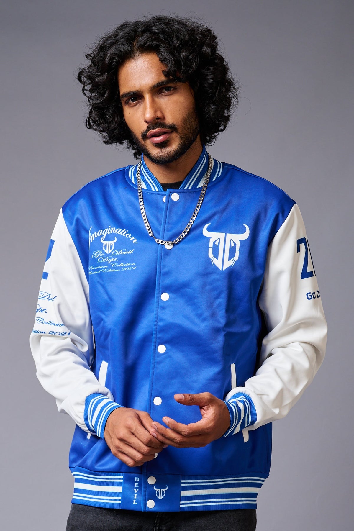 666 Imagination Blue & White Varsity Jacket for Men - Go Devil