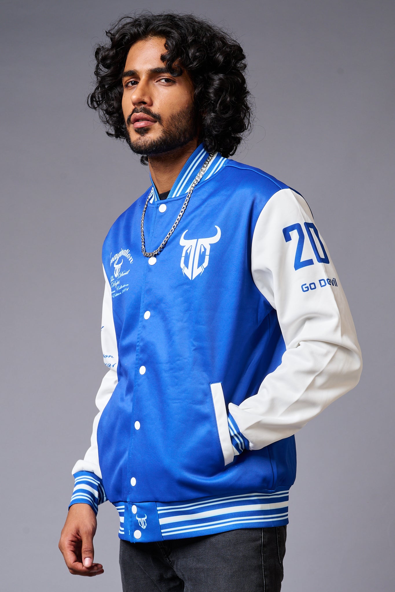 666 Imagination Blue & White Varsity Jacket for Men - Go Devil