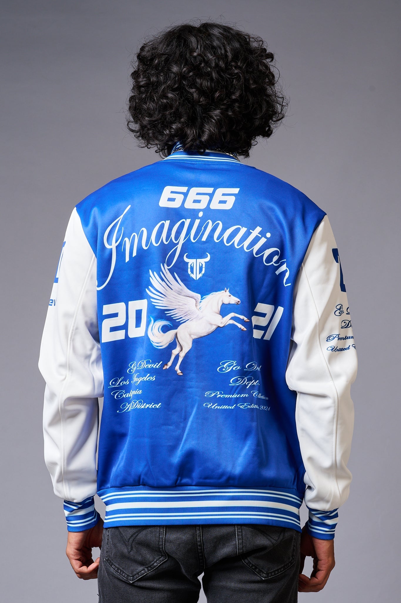 666 Imagination Blue & White Varsity Jacket for Men - Go Devil