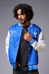 666 Imagination Blue & White Varsity Jacket for Men - Go Devil