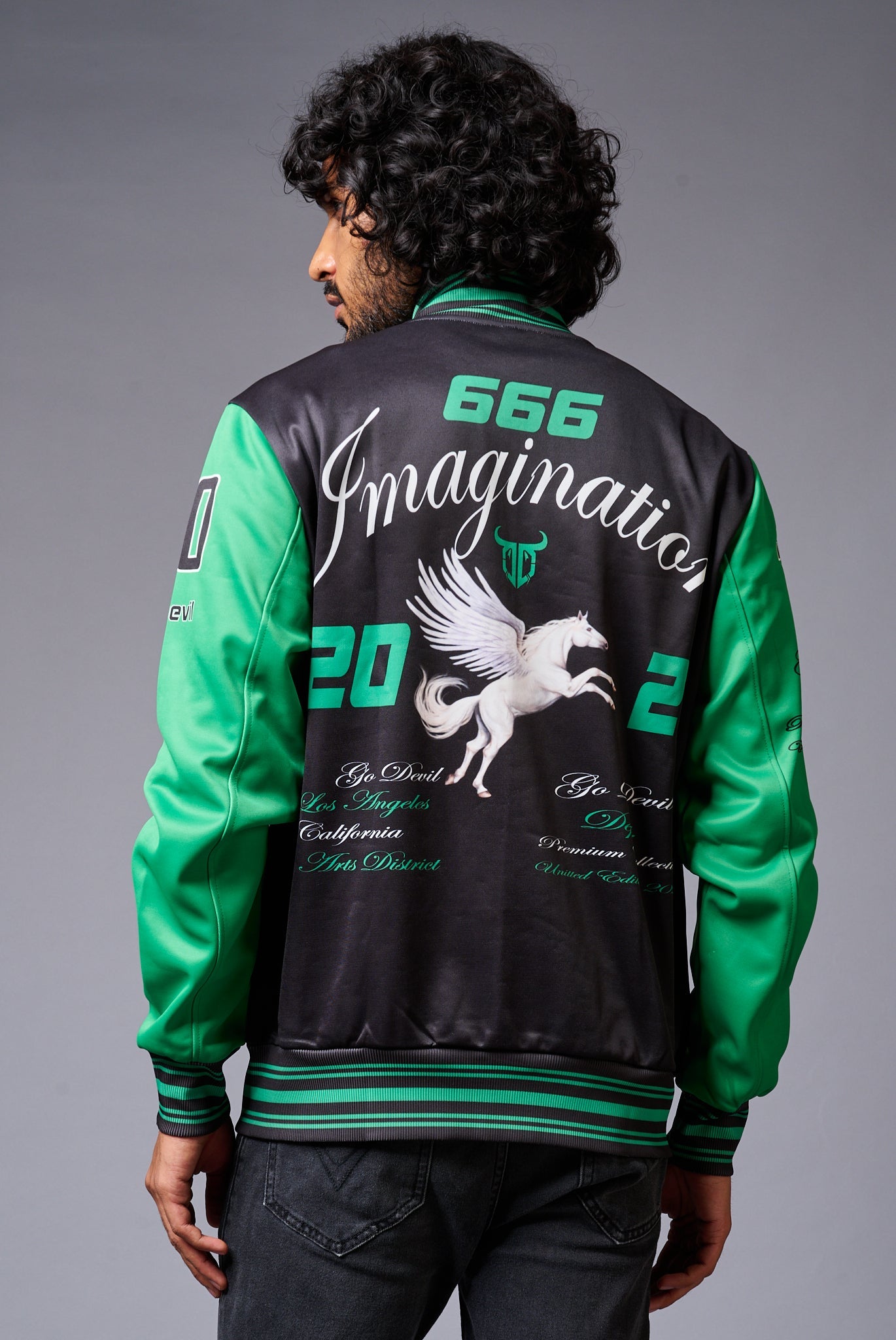 666 Imagination Printed Black & Green Varsity Jacket for Men - Go Devil