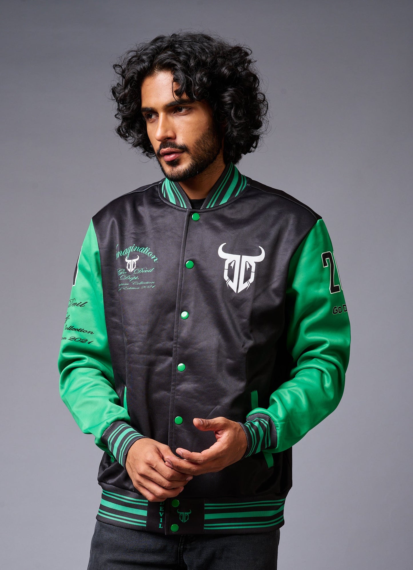 666 Imagination Printed Black & Green Varsity Jacket for Men - Go Devil