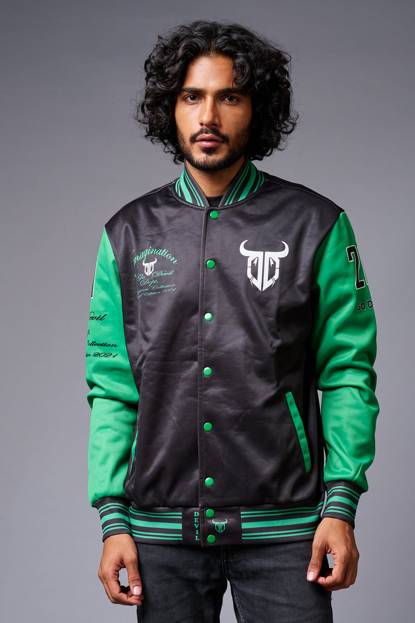 666 Imagination Printed Black & Green Varsity Jacket for Men - Go Devil