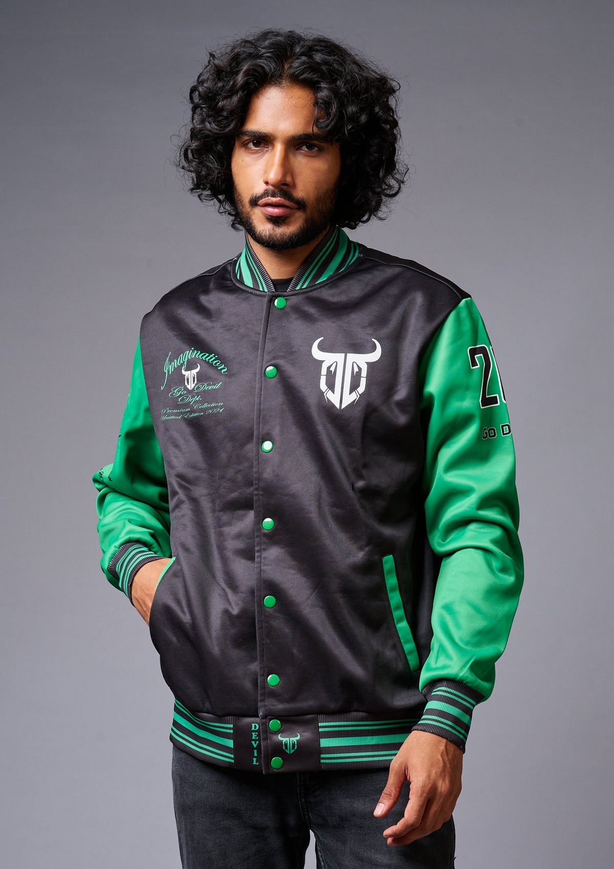 666 Imagination Printed Black & Green Varsity Jacket for Men - Go Devil