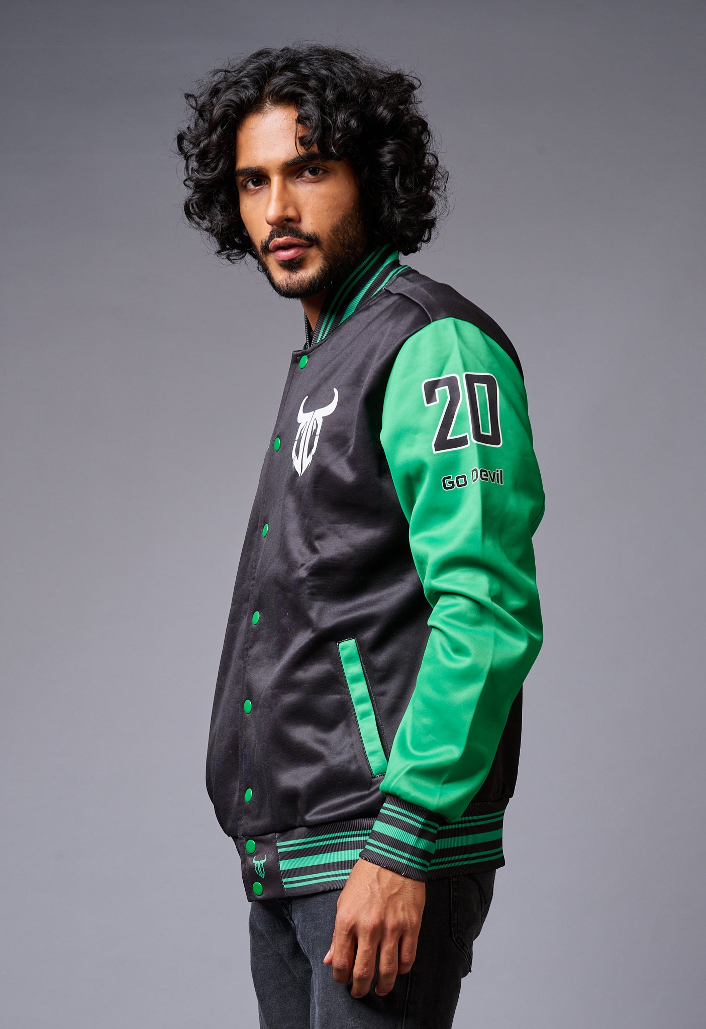 666 Imagination Printed Black & Green Varsity Jacket for Men - Go Devil