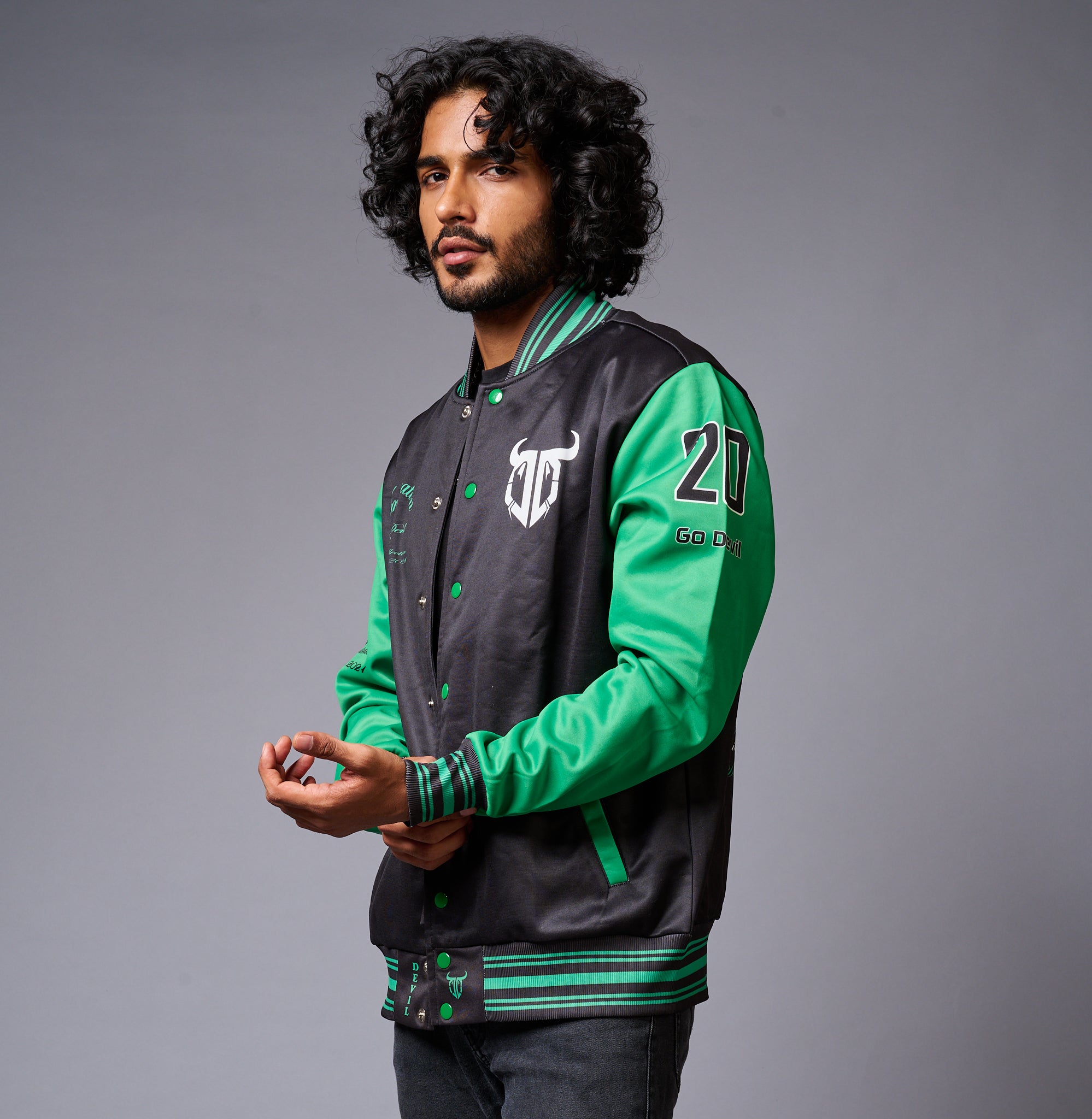 666 Imagination Printed Black & Green Varsity Jacket for Men - Go Devil