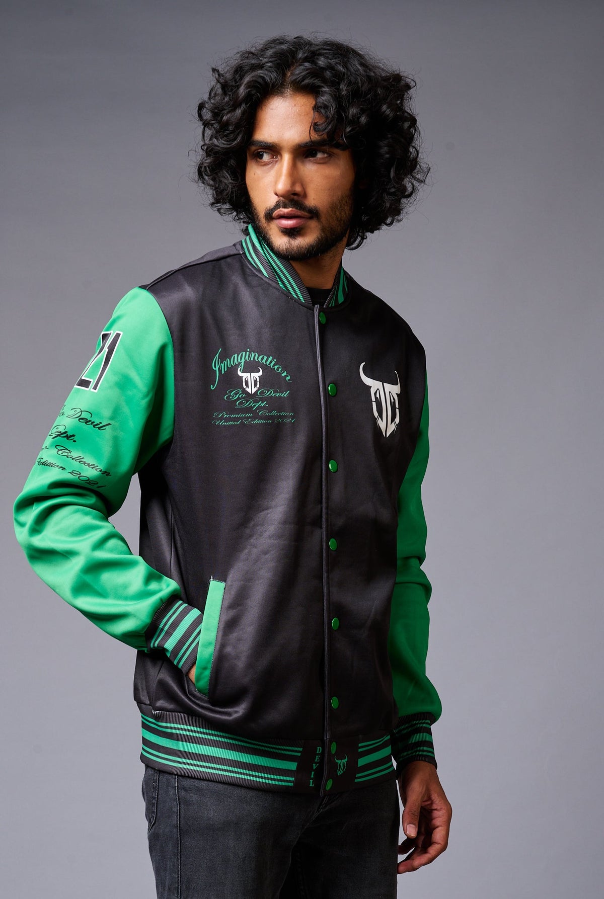 666 Imagination Printed Black & Green Varsity Jacket for Men - Go Devil