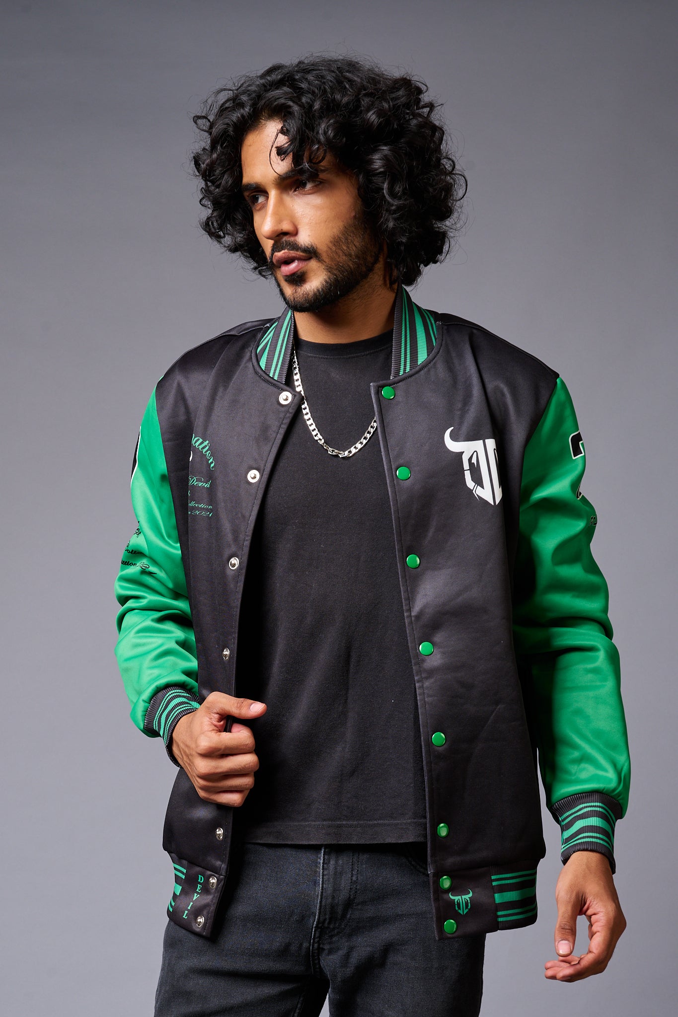 666 Imagination Printed Black & Green Varsity Jacket for Men - Go Devil