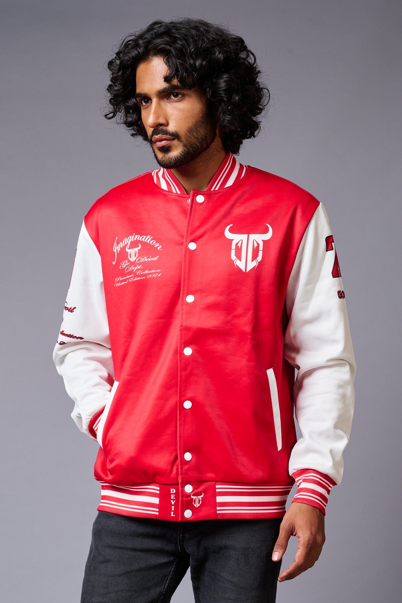 666 Imagination Printed Red & White Varsity Jacket for Men - Go Devil