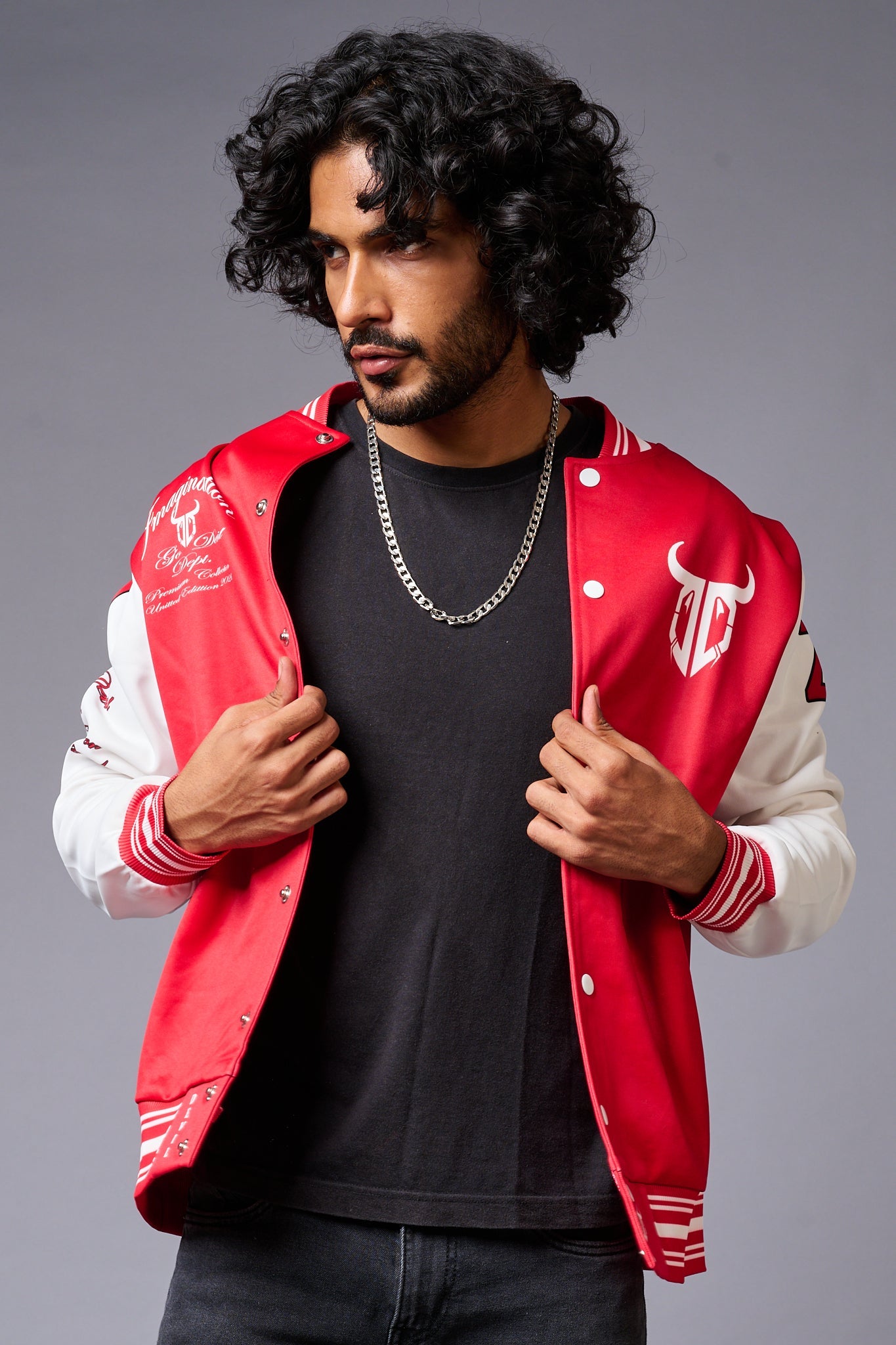 666 Imagination Printed Red & White Varsity Jacket for Men - Go Devil