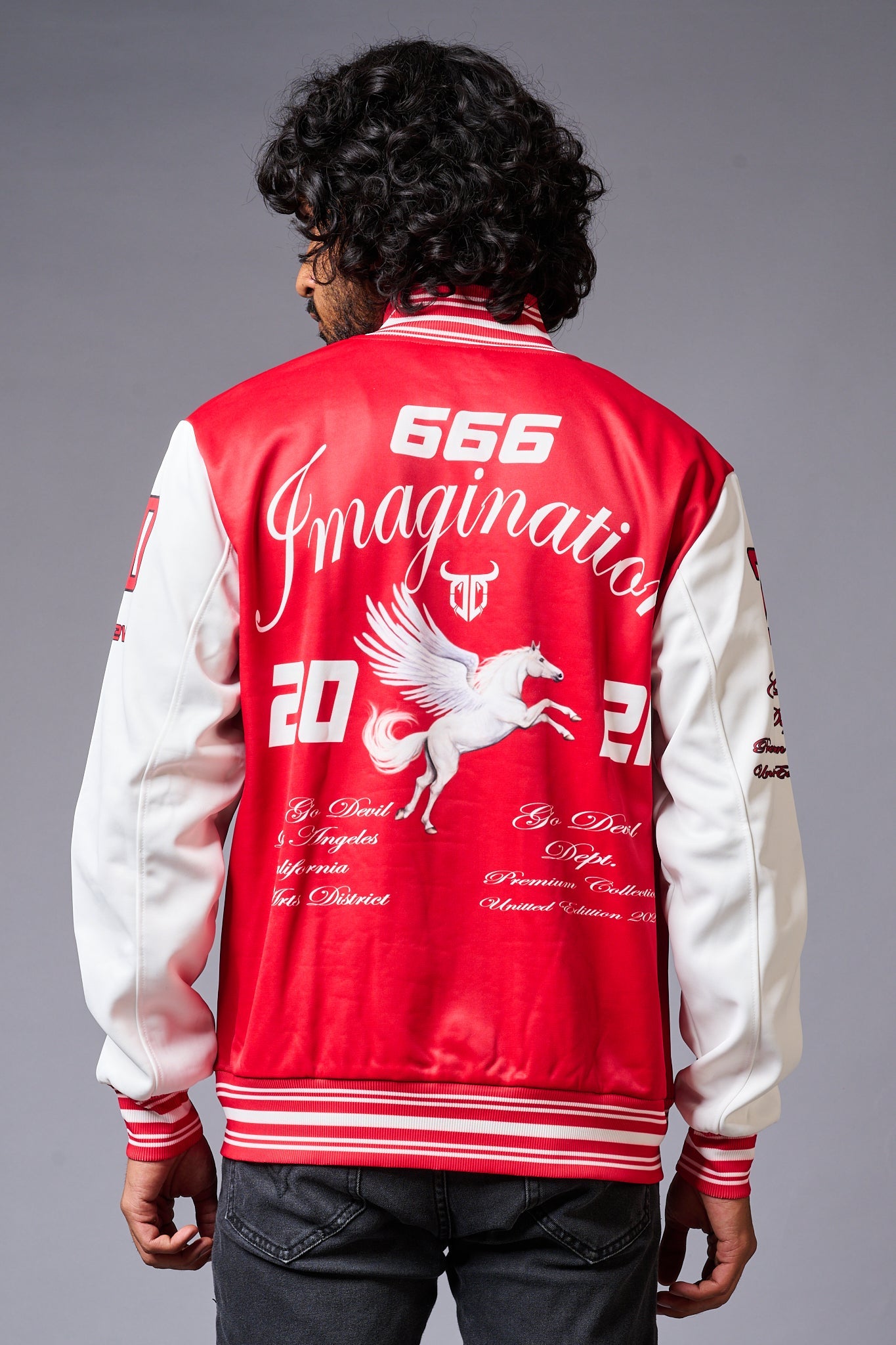 666 Imagination Printed Red & White Varsity Jacket for Men - Go Devil