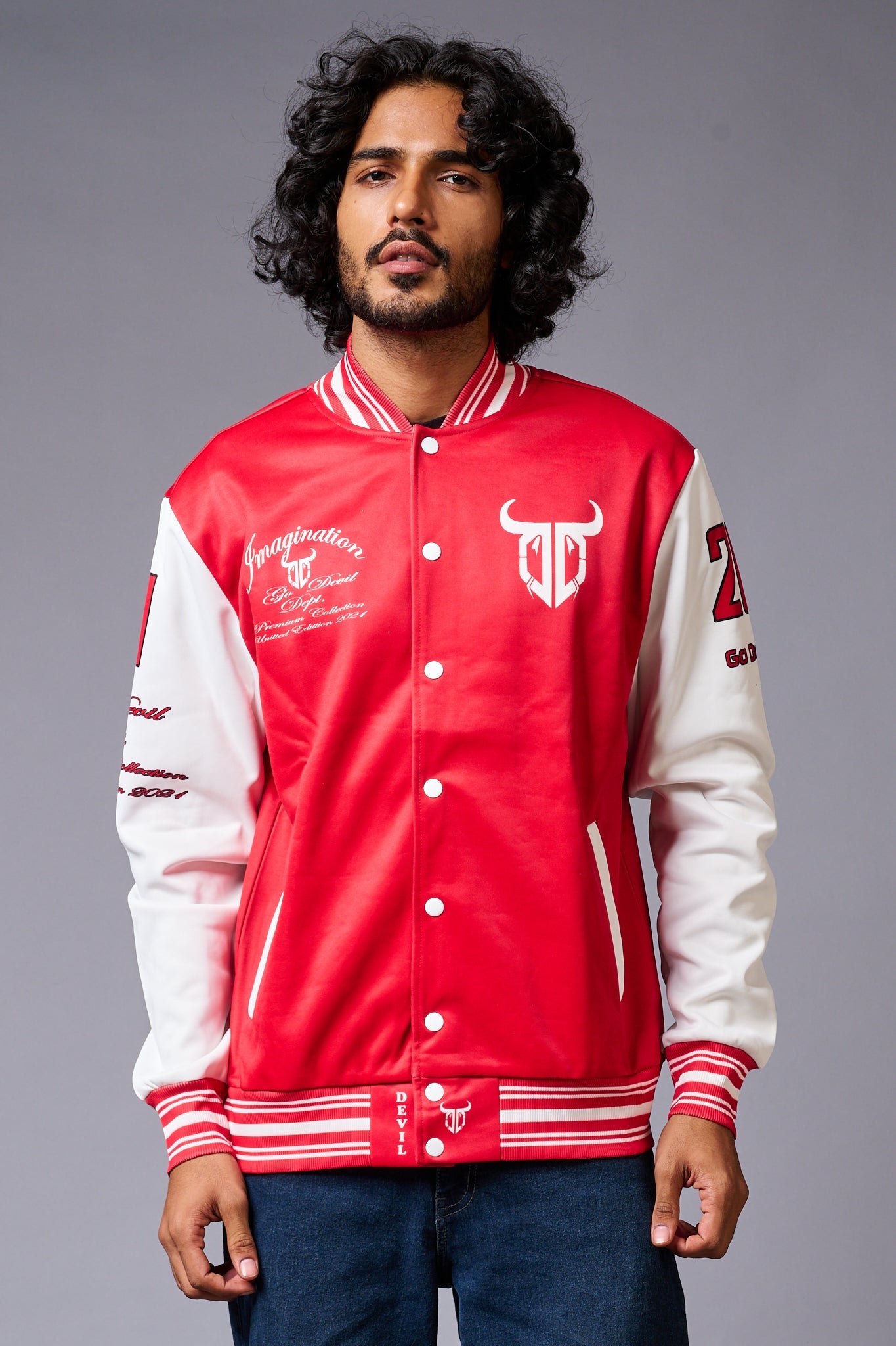 666 Imagination Printed Red & White Varsity Jacket for Men - Go Devil