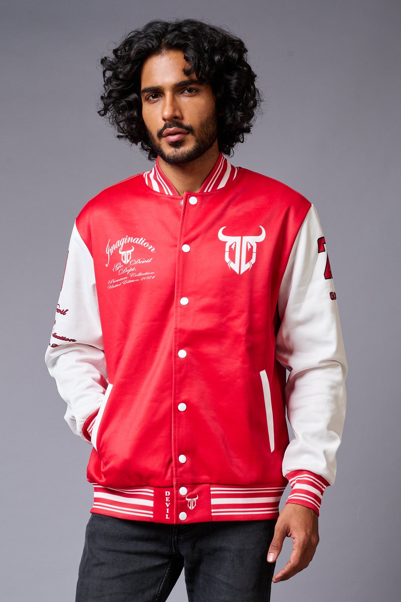 666 Imagination Printed Red & White Varsity Jacket for Men - Go Devil