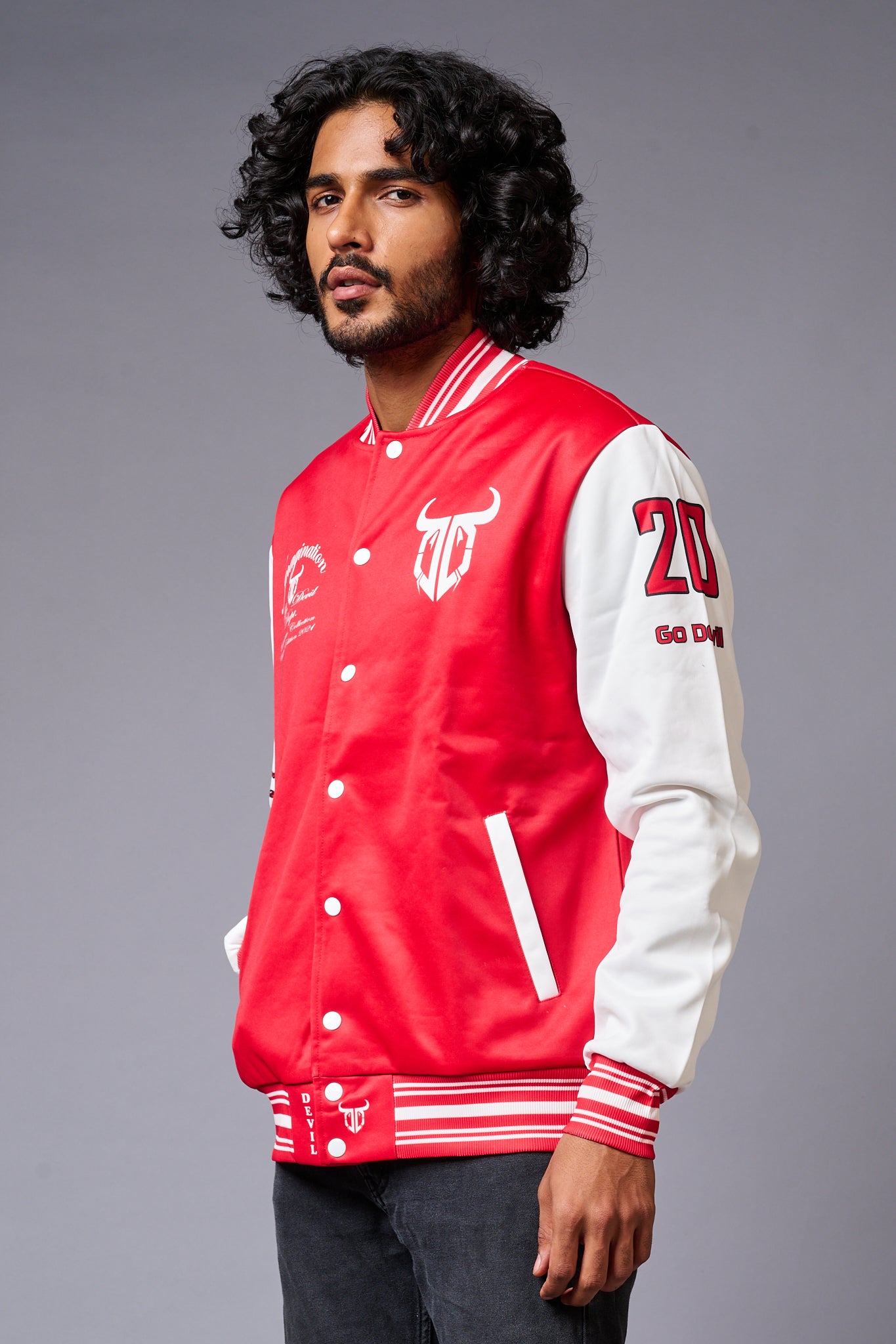 666 Imagination Printed Red & White Varsity Jacket for Men - Go Devil