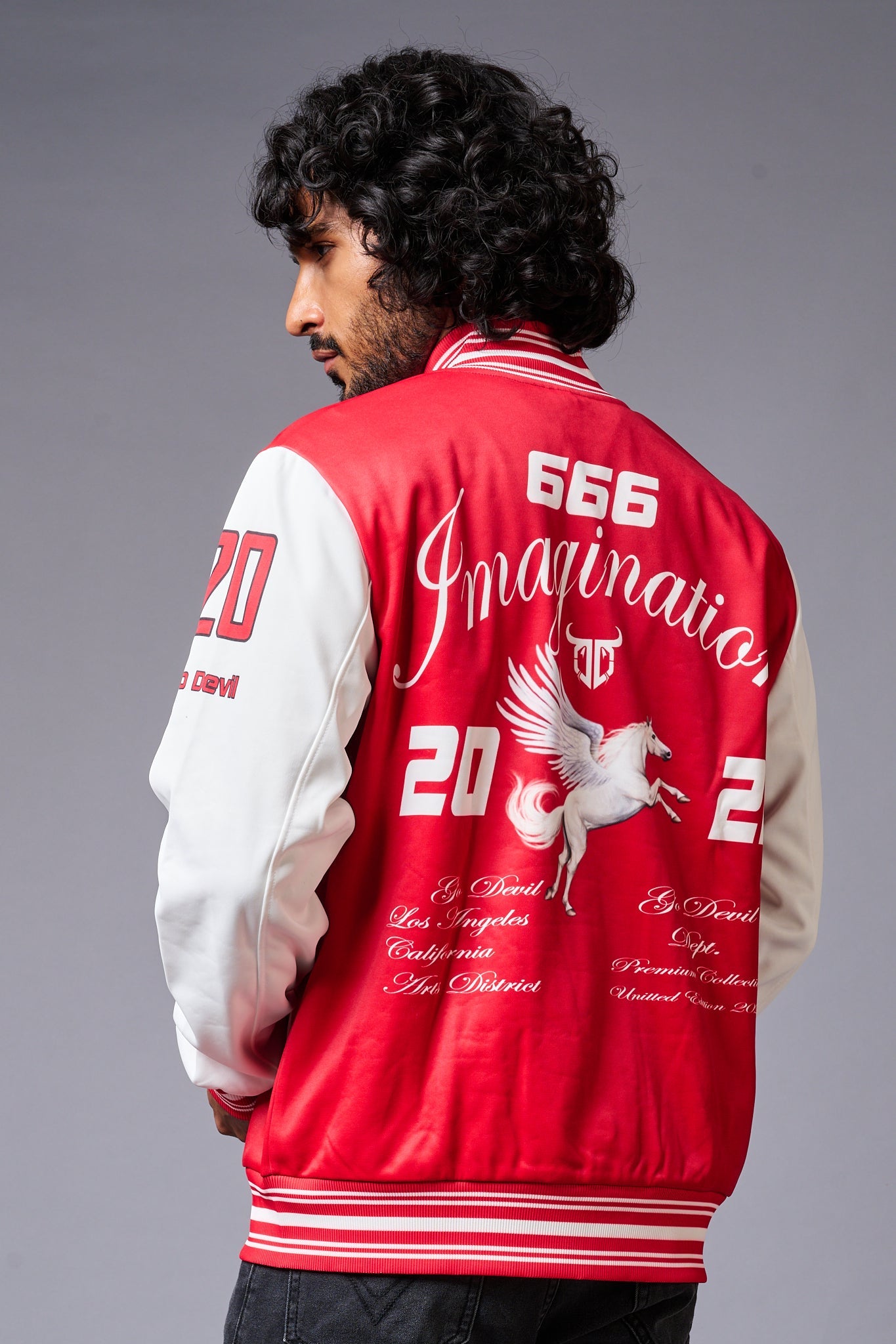 666 Imagination Printed Red & White Varsity Jacket for Men - Go Devil