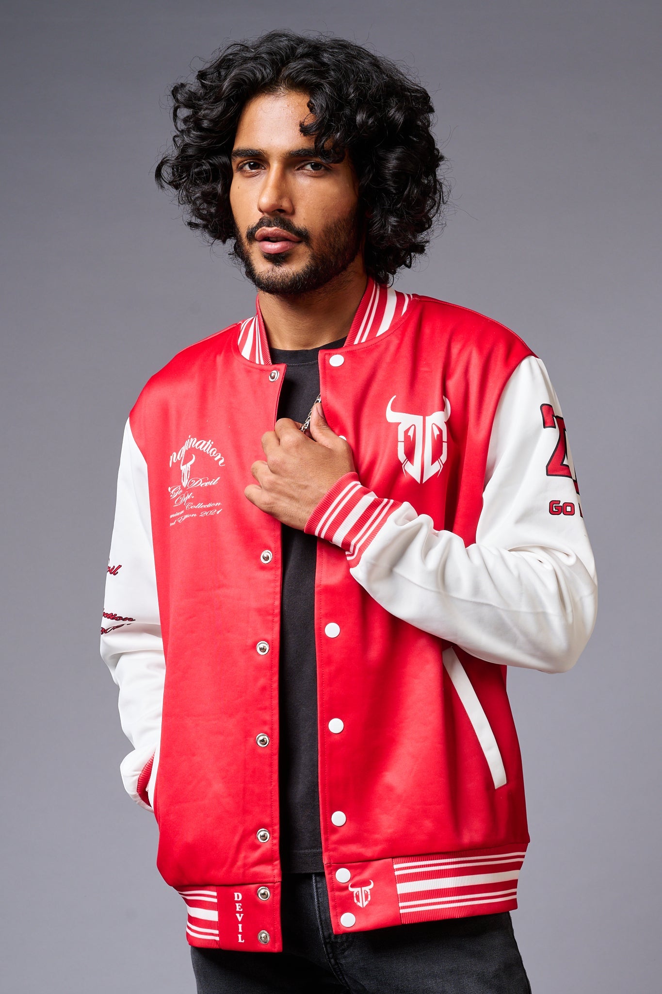 666 Imagination Printed Red & White Varsity Jacket for Men - Go Devil