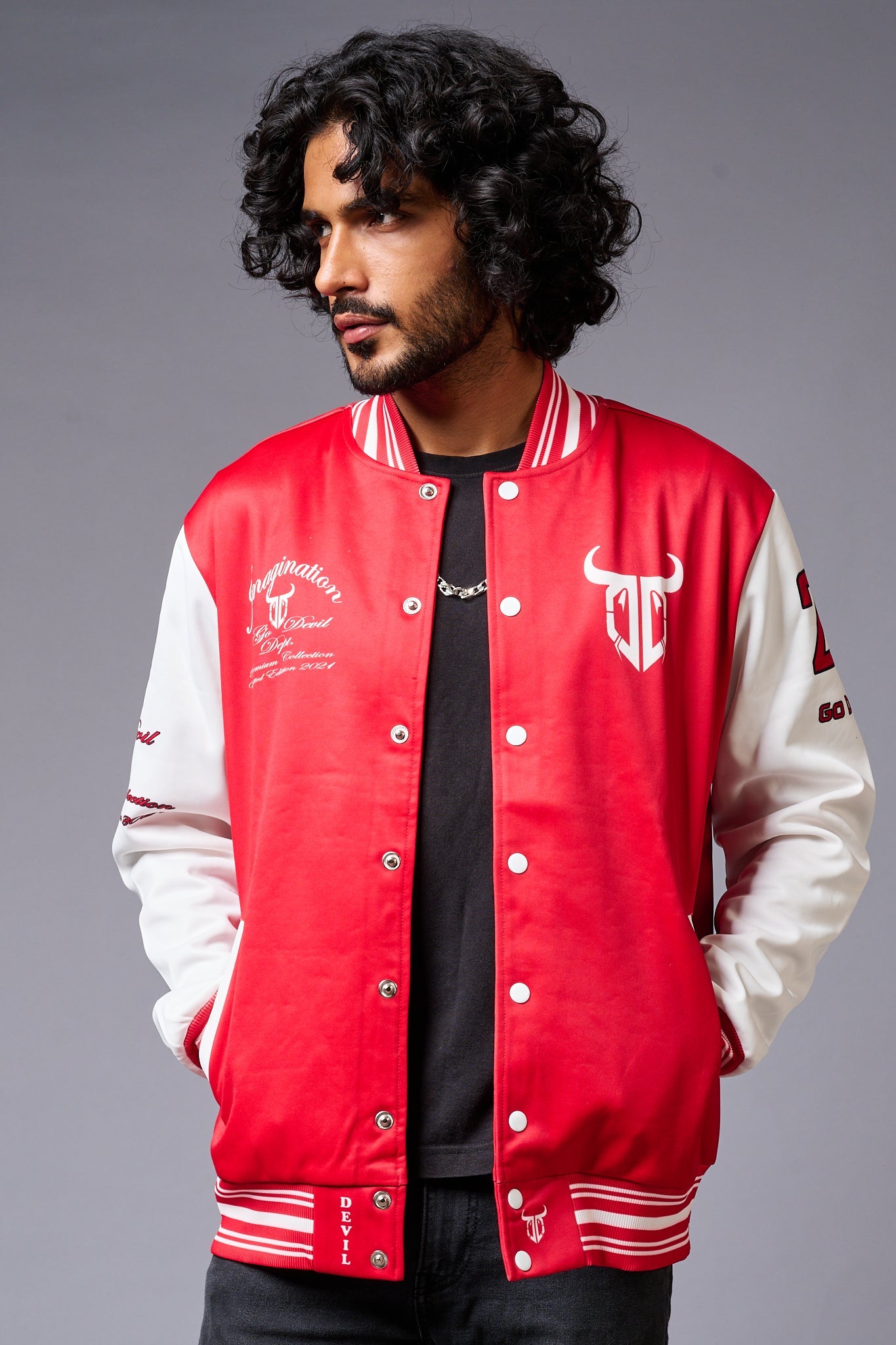 666 Imagination Printed Red & White Varsity Jacket for Men - Go Devil