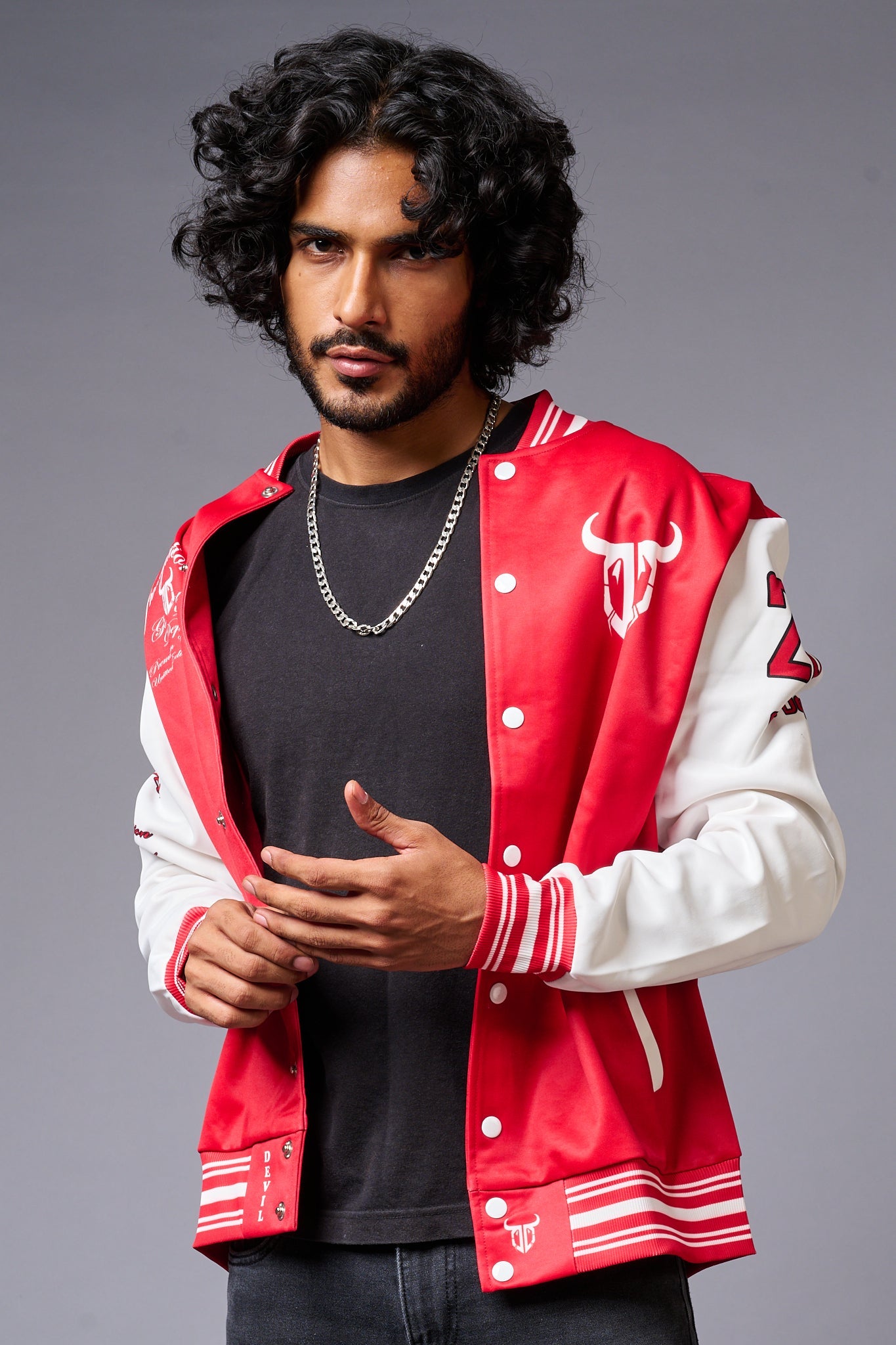 666 Imagination Printed Red & White Varsity Jacket for Men - Go Devil