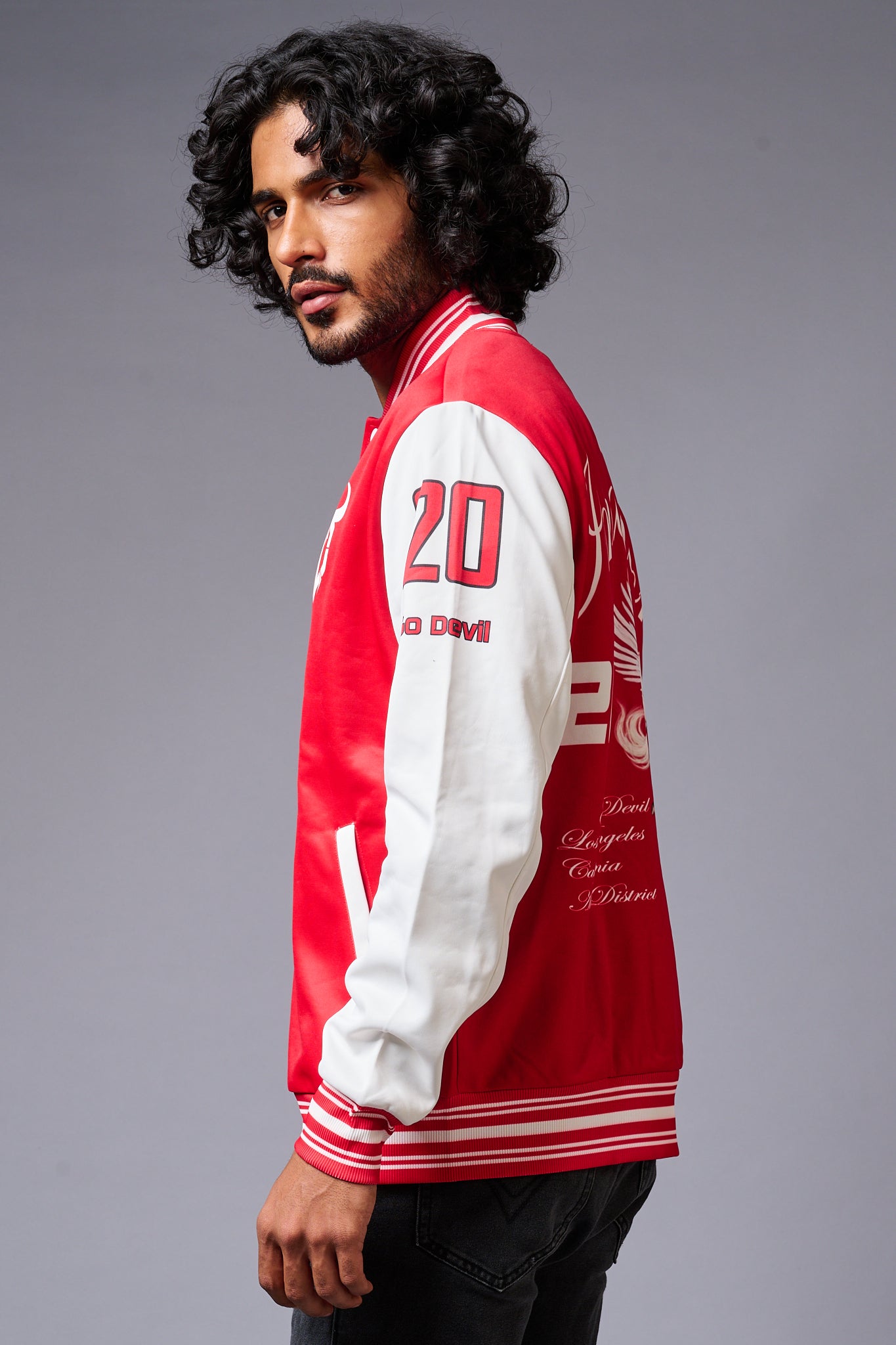 666 Imagination Printed Red & White Varsity Jacket for Men - Go Devil