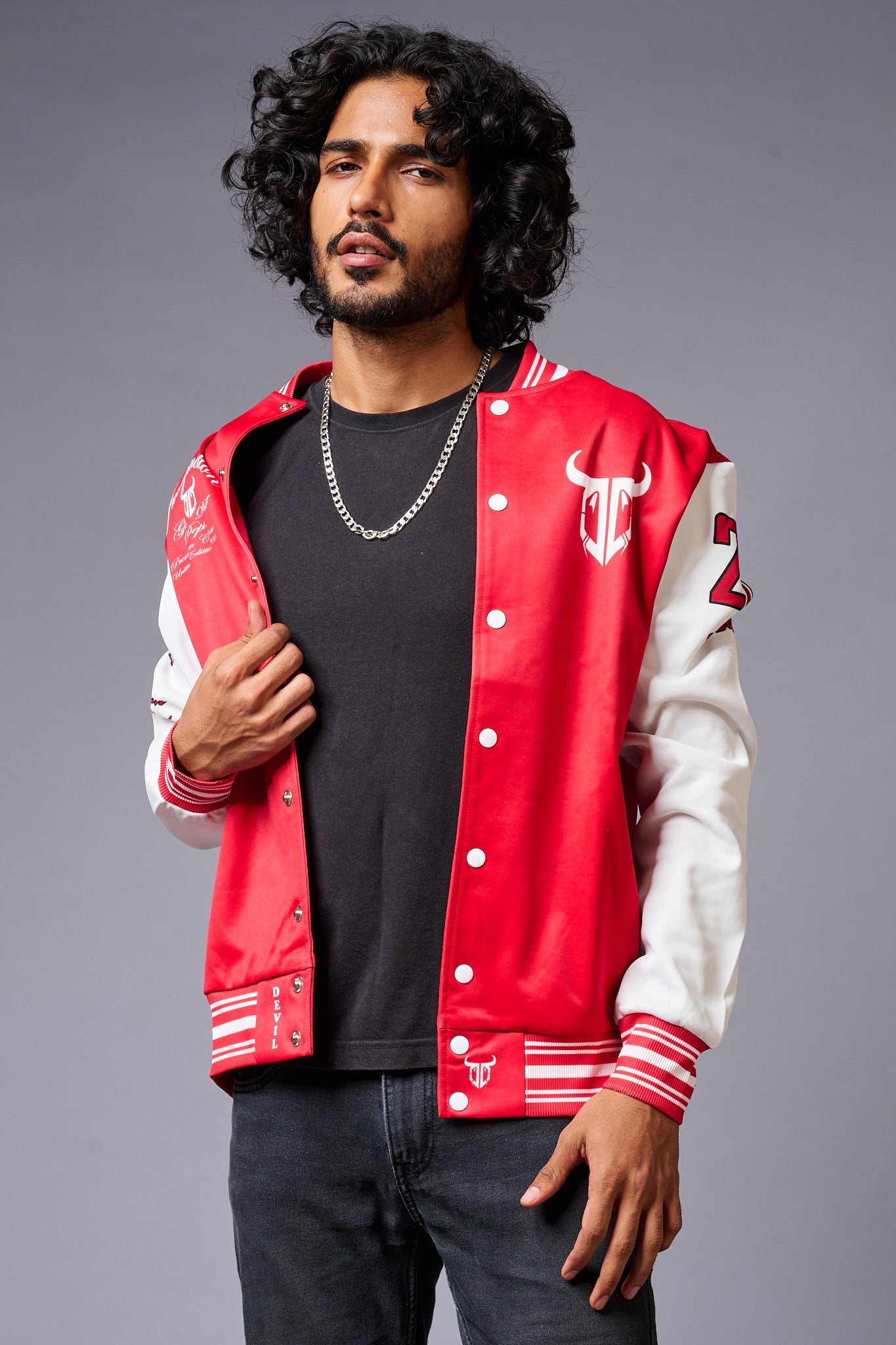 666 Imagination Printed Red & White Varsity Jacket for Men - Go Devil