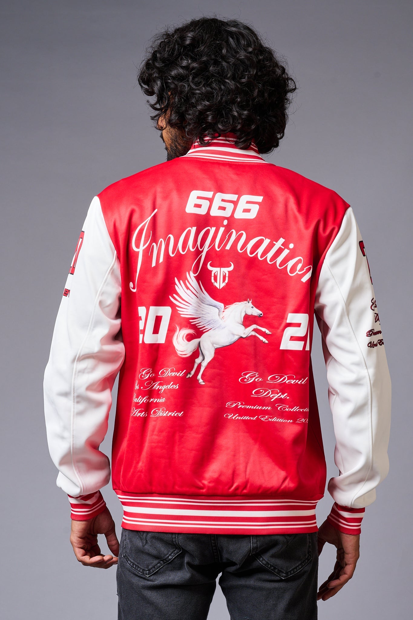 666 Imagination Printed Red & White Varsity Jacket for Men - Go Devil