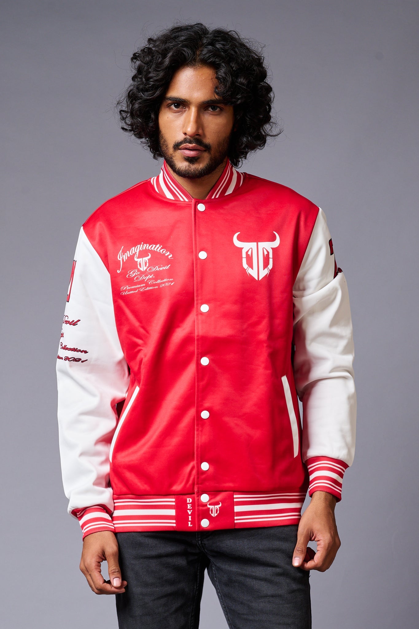 666 Imagination Printed Red & White Varsity Jacket for Men - Go Devil