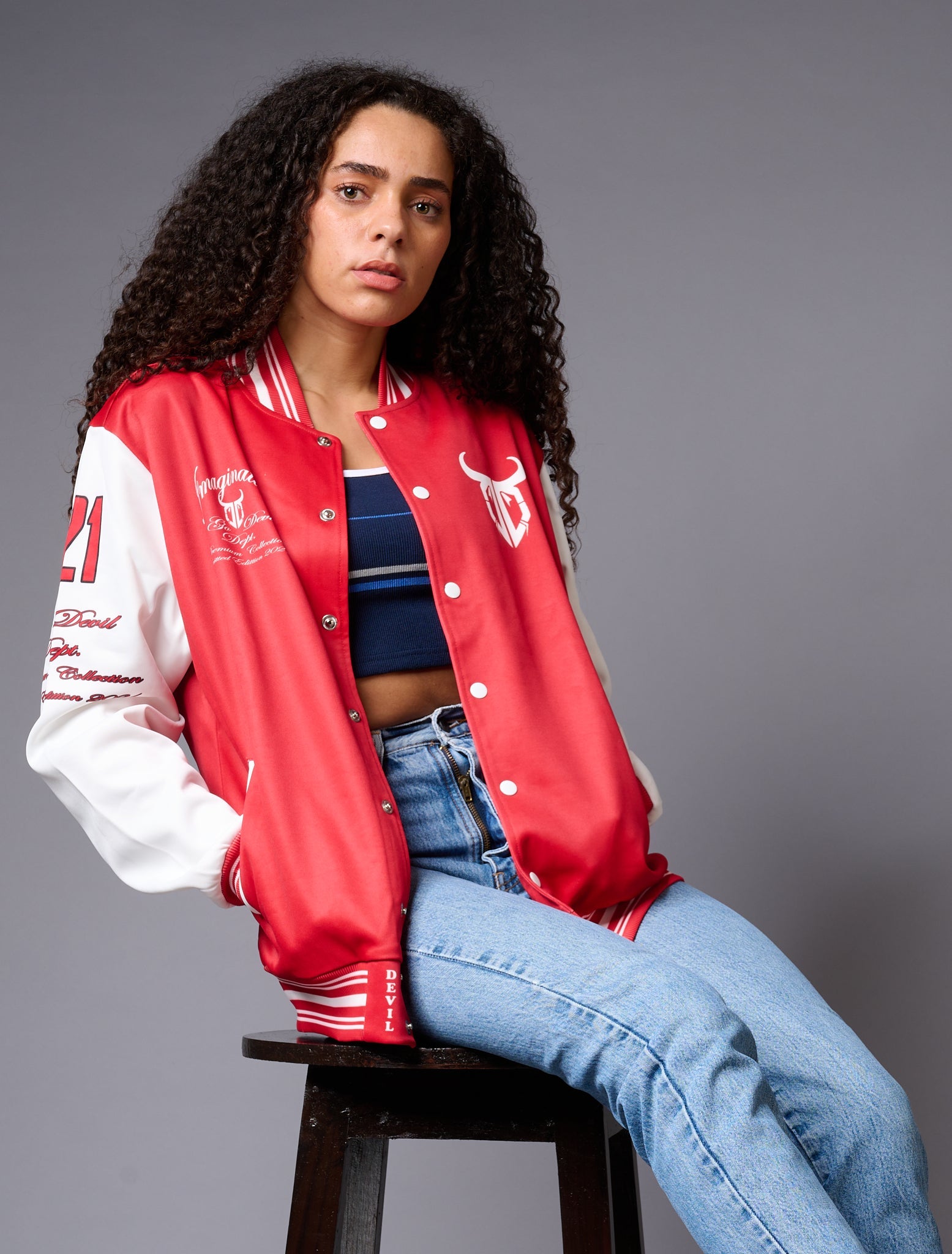 666 Imagination Printed Red & White Varsity Jacket for Women - Go Devil