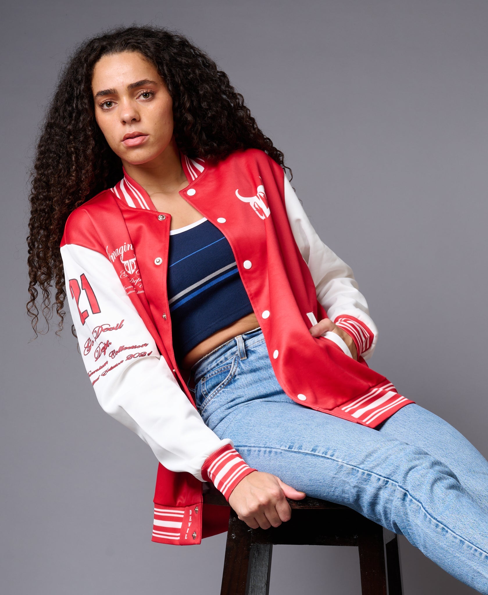 666 Imagination Printed Red & White Varsity Jacket for Women - Go Devil