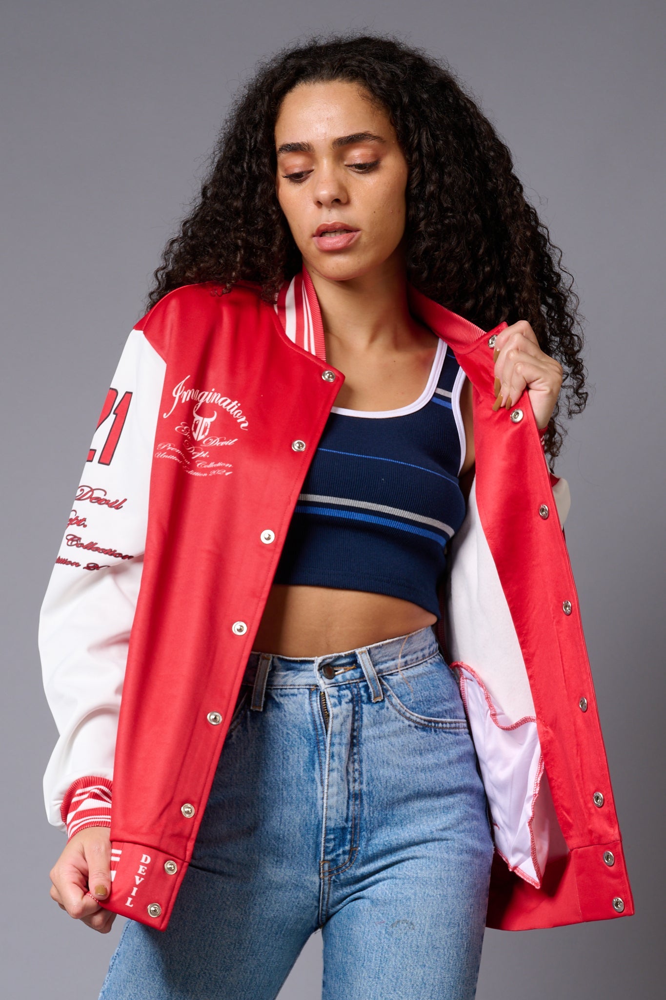 666 Imagination Printed Red & White Varsity Jacket for Women - Go Devil
