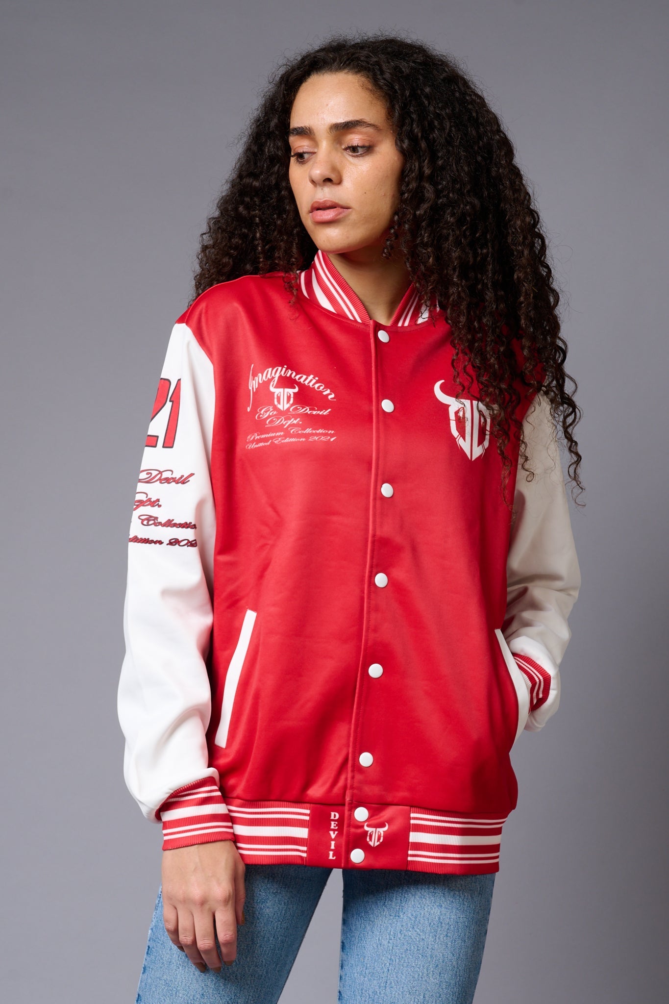 666 Imagination Printed Red & White Varsity Jacket for Women - Go Devil