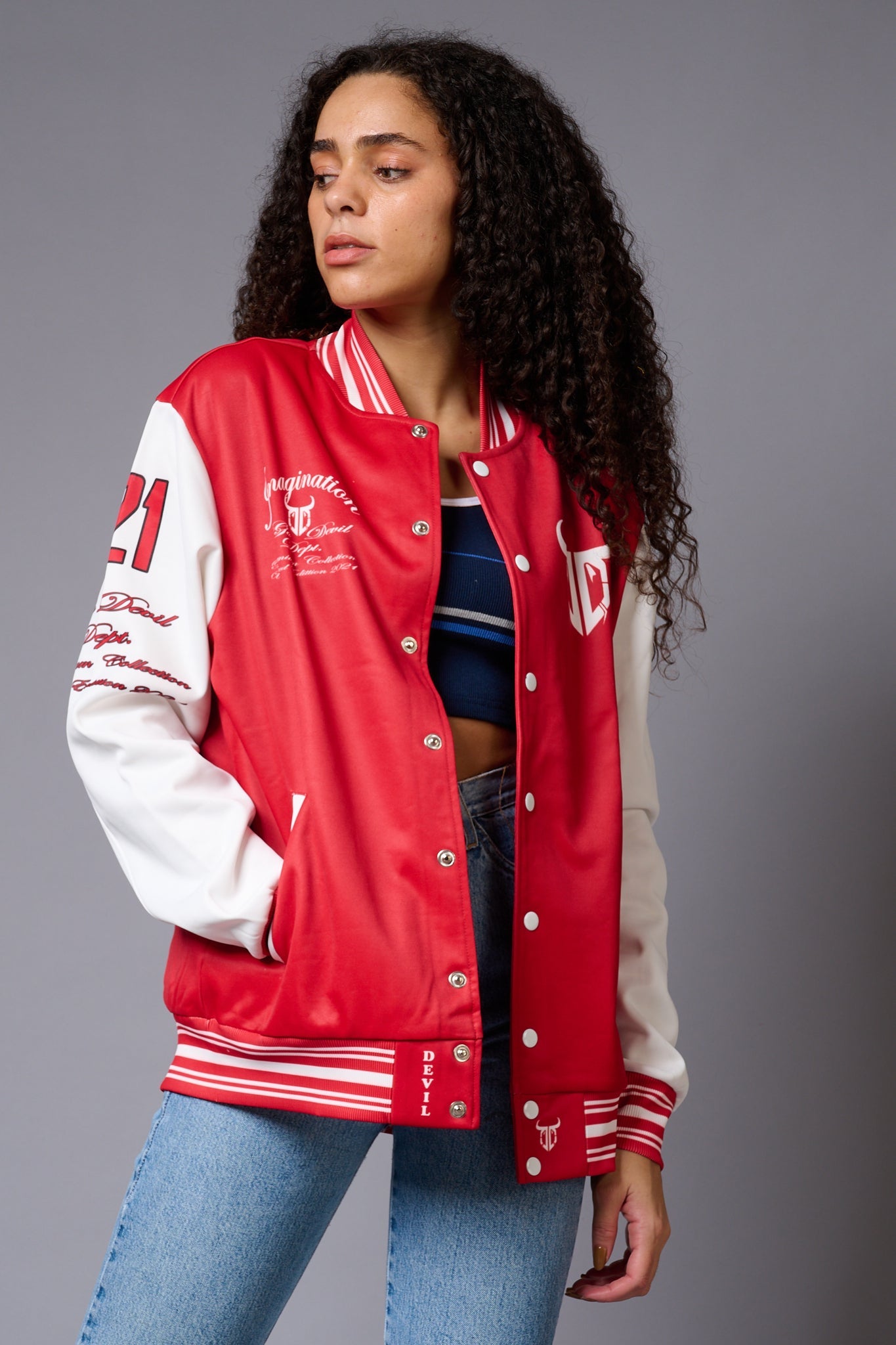 666 Imagination Printed Red & White Varsity Jacket for Women - Go Devil