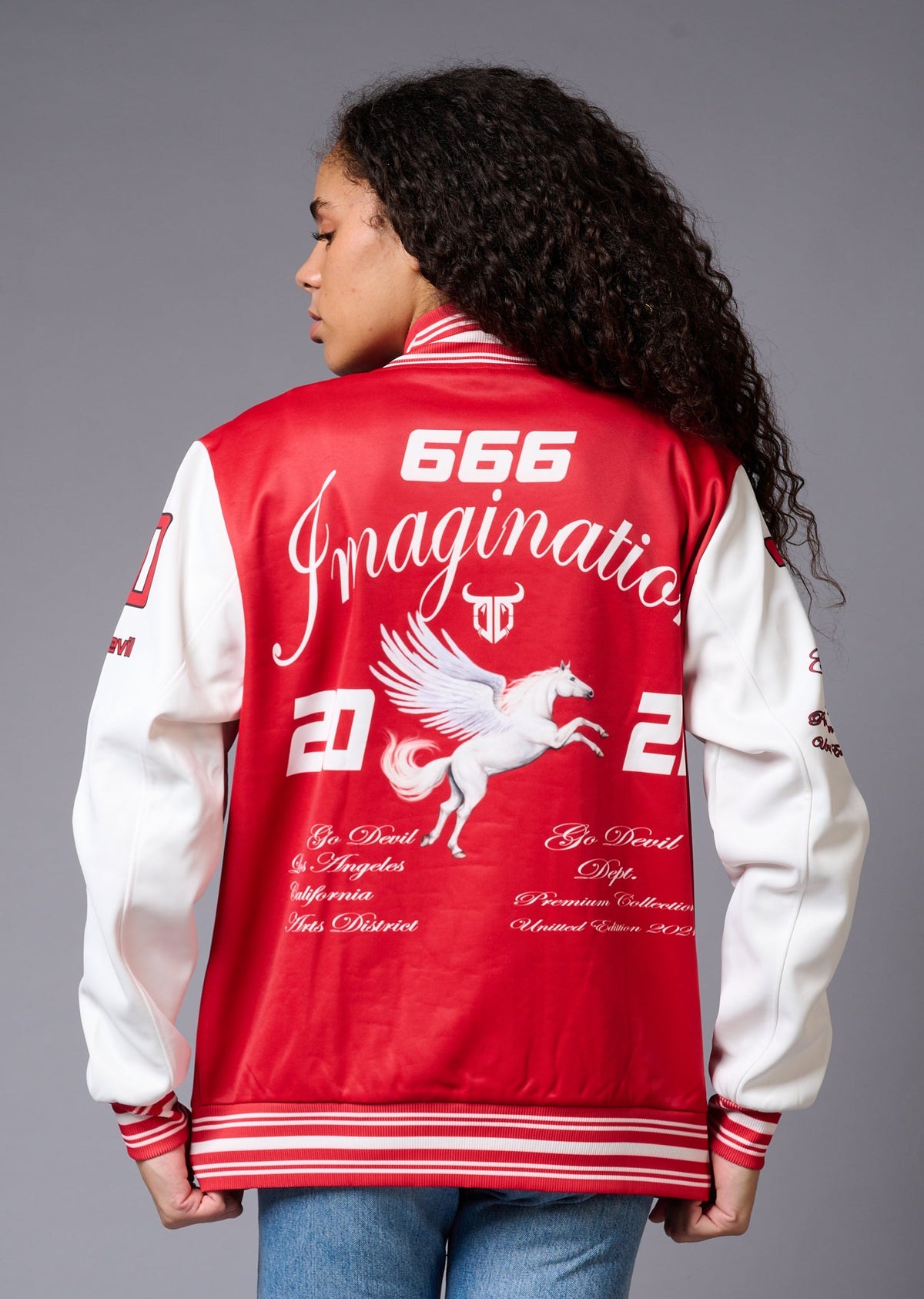 666 Imagination Printed Red & White Varsity Jacket for Women - Go Devil