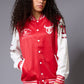 666 Imagination Printed Red & White Varsity Jacket for Women - Go Devil